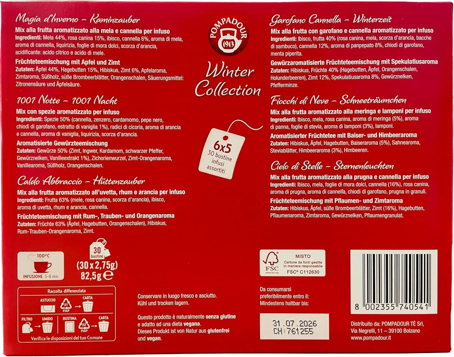Pompadour 1913 vinterkollektion sortiment af koffeinfri frugt og urtete - 1 x 30 teposer (82,5 gram)