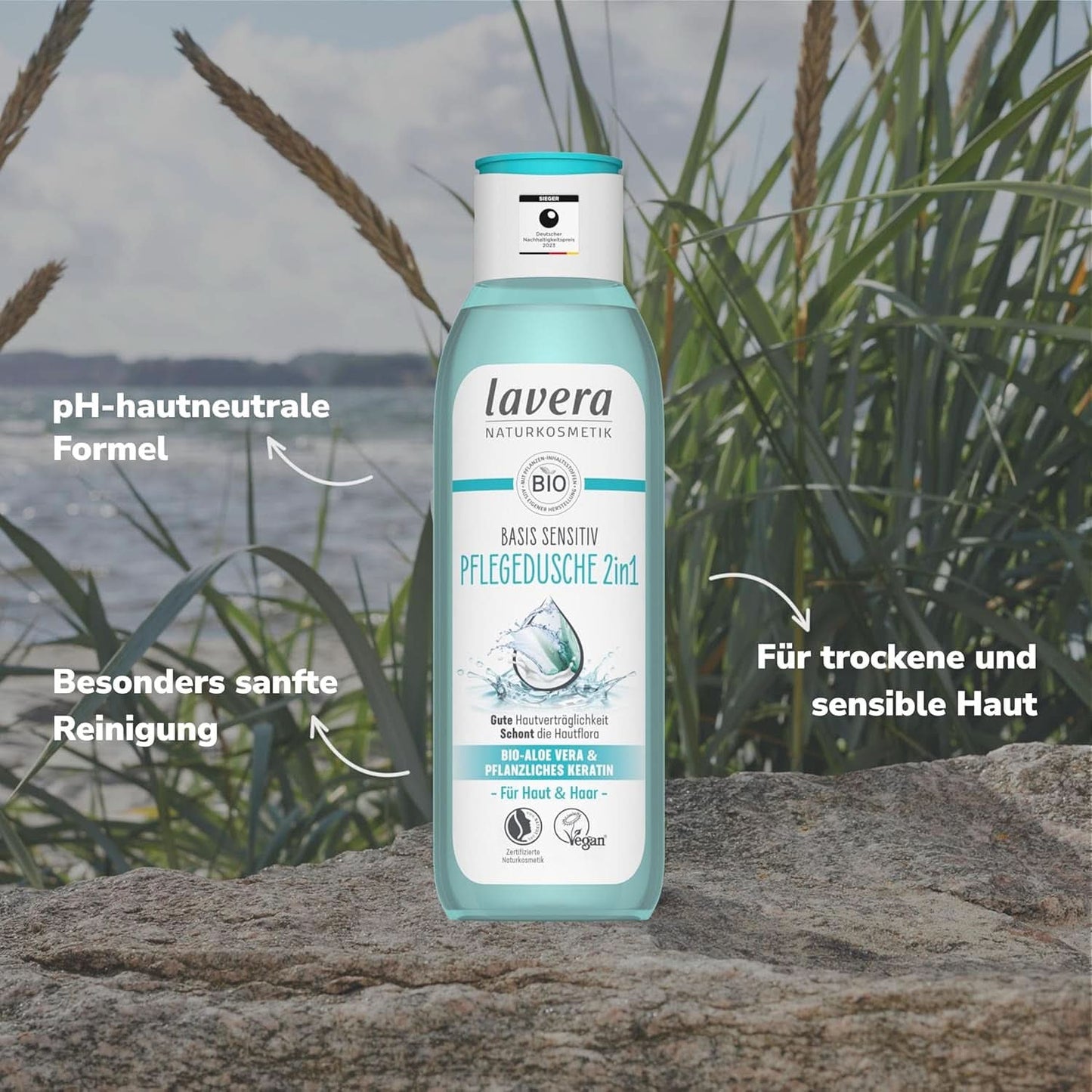 Lavera Care Basis Sensitiv 2 i 1, Shampoo og shower gel med økologisk aloe vera og vegetabilsk keratin, 250 ml Brusebad og bad Naty Shop