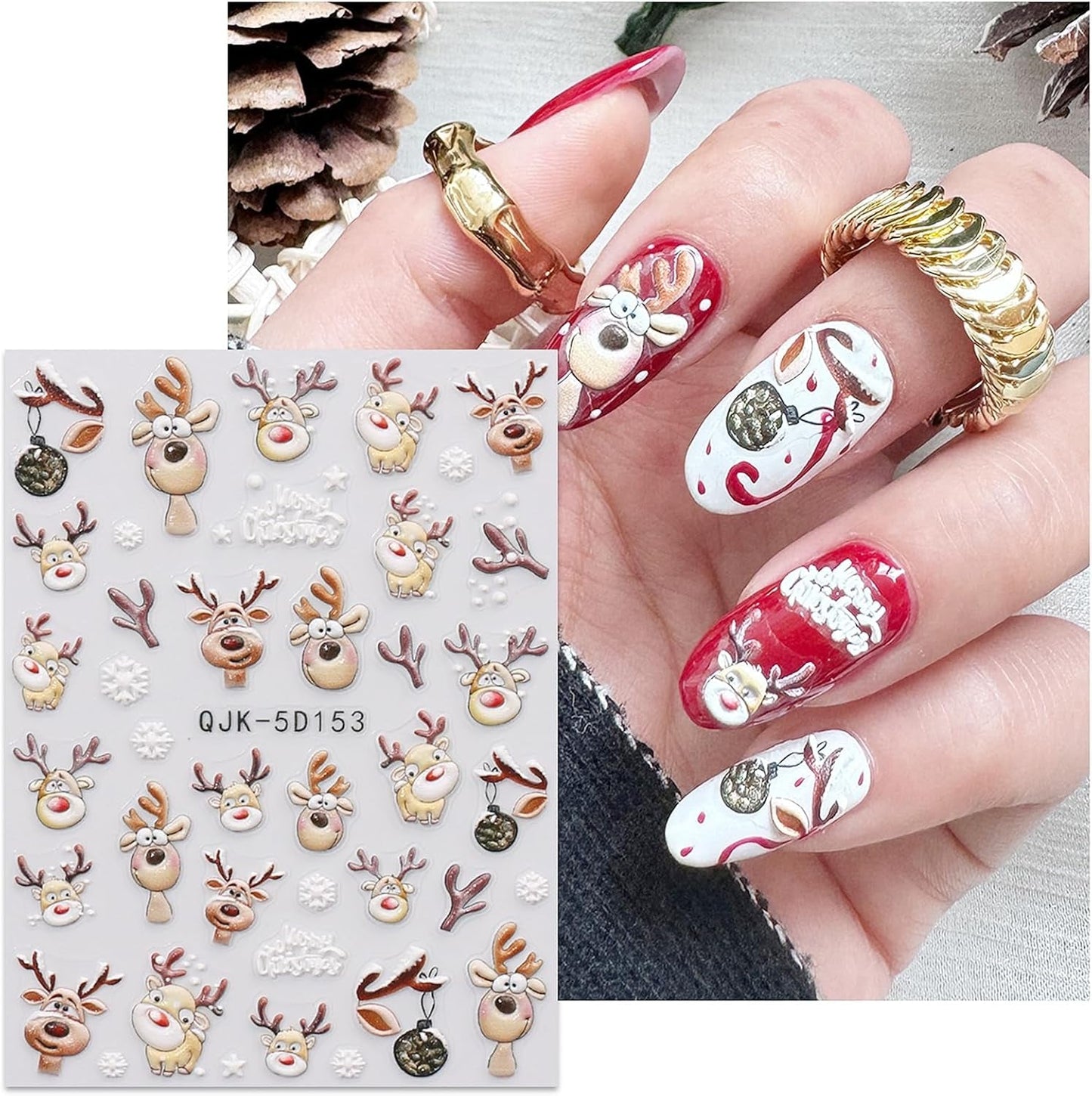 JMEOWIO 3D Nagelsticker Weihnachten Nail Art Sticker Selbstklebend Nagelaufkleber 5D Stereoskopisk Schneeflocke Xmas Winterurlaub Niedlich Dekoration Nageldesign Zubehör 4 Blatt