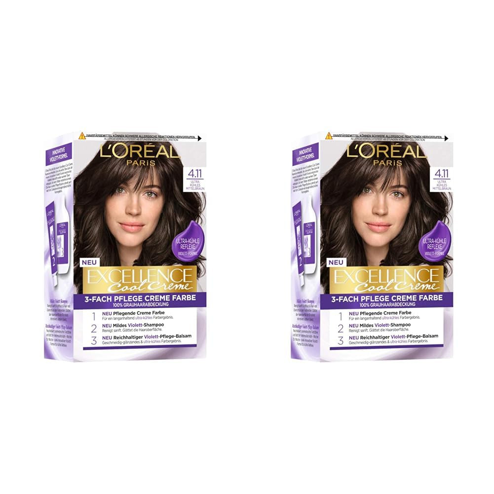 L'Oréal Paris Permanent hårfarve med farveresultat, 100% dækning af gråt hår, sat med farve, shampoo og plejecreme, Excellence Cool Creme, nr. 4.11 Ultra Cool Medium Brown (Brun) Naty Shop Hair Dye Standard titel