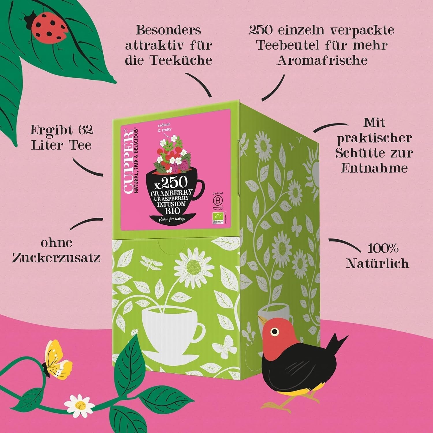 Cupper Økologisk frugt te Tranebær Hindbær | Hindbær te | 250 ublegede teposer | Big Pack | Perfekt til kontoret | Økologisk | Fair handel