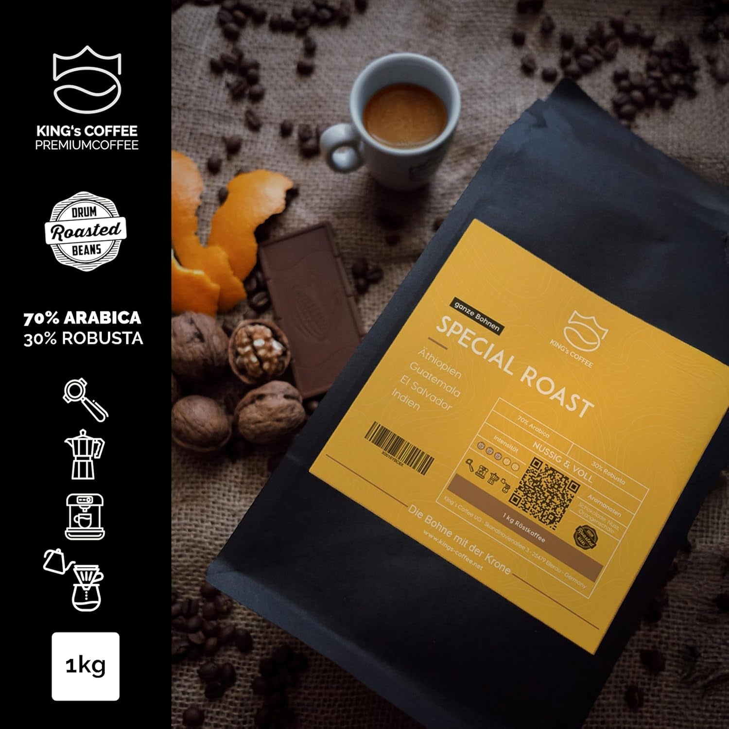 KING'S COFFEE - SÆRLIG RISTNING - 1 kg Barista Premium Espresso bønner - Kaffe med lav syreindhold - Lille batchristning i Italien - Den fineste Arabica-Robusta-blanding til fuldautomatiske og portafiltermaskiner