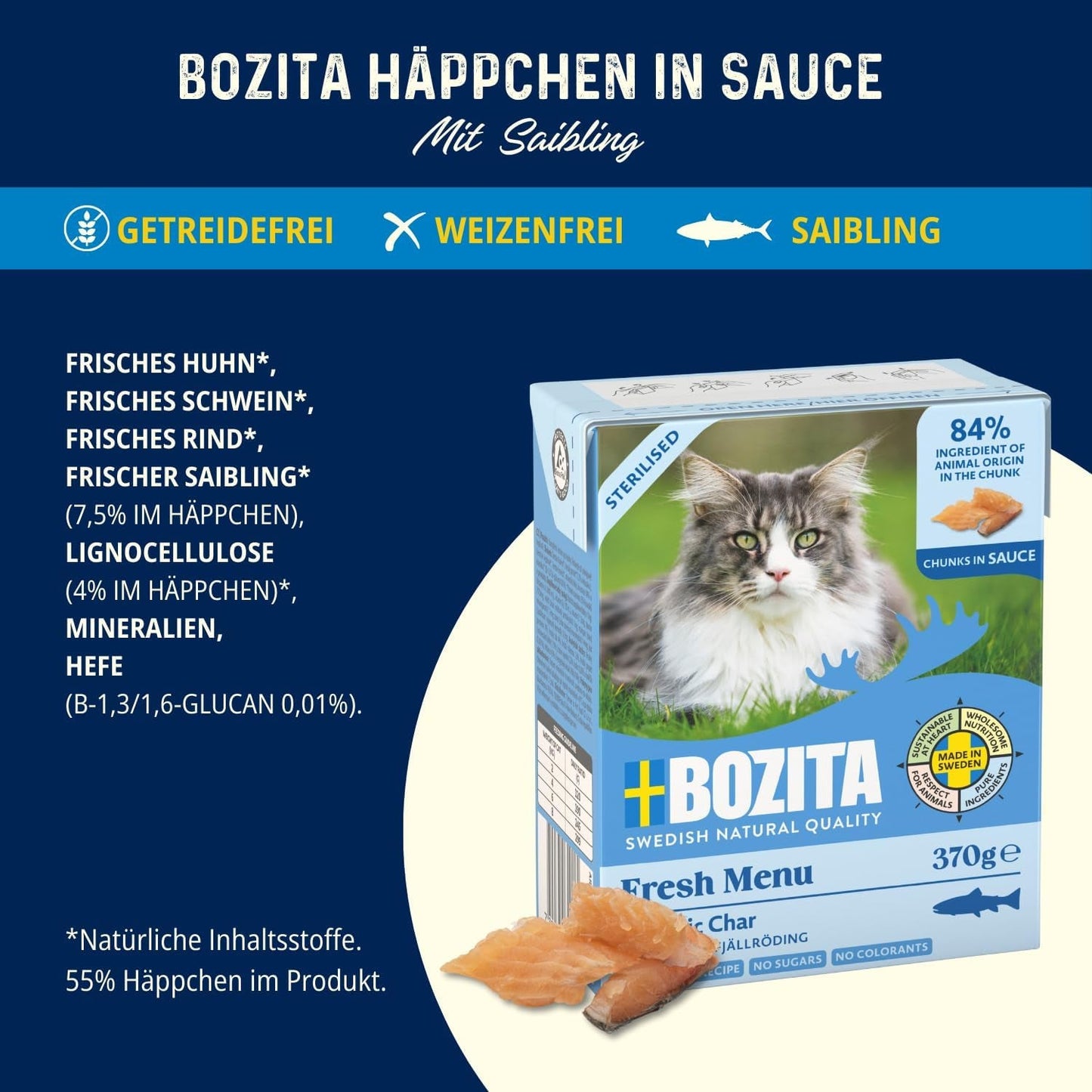 Bozita Tetra Steriliserede stykker i kulsauce - 6 x 370 g Kornfrit og sukkerfrit vådfoder til katte - ikke-GMO, med 8,5% protein og 4,5% fedt - høj kvalitet og yderst velsmagende
