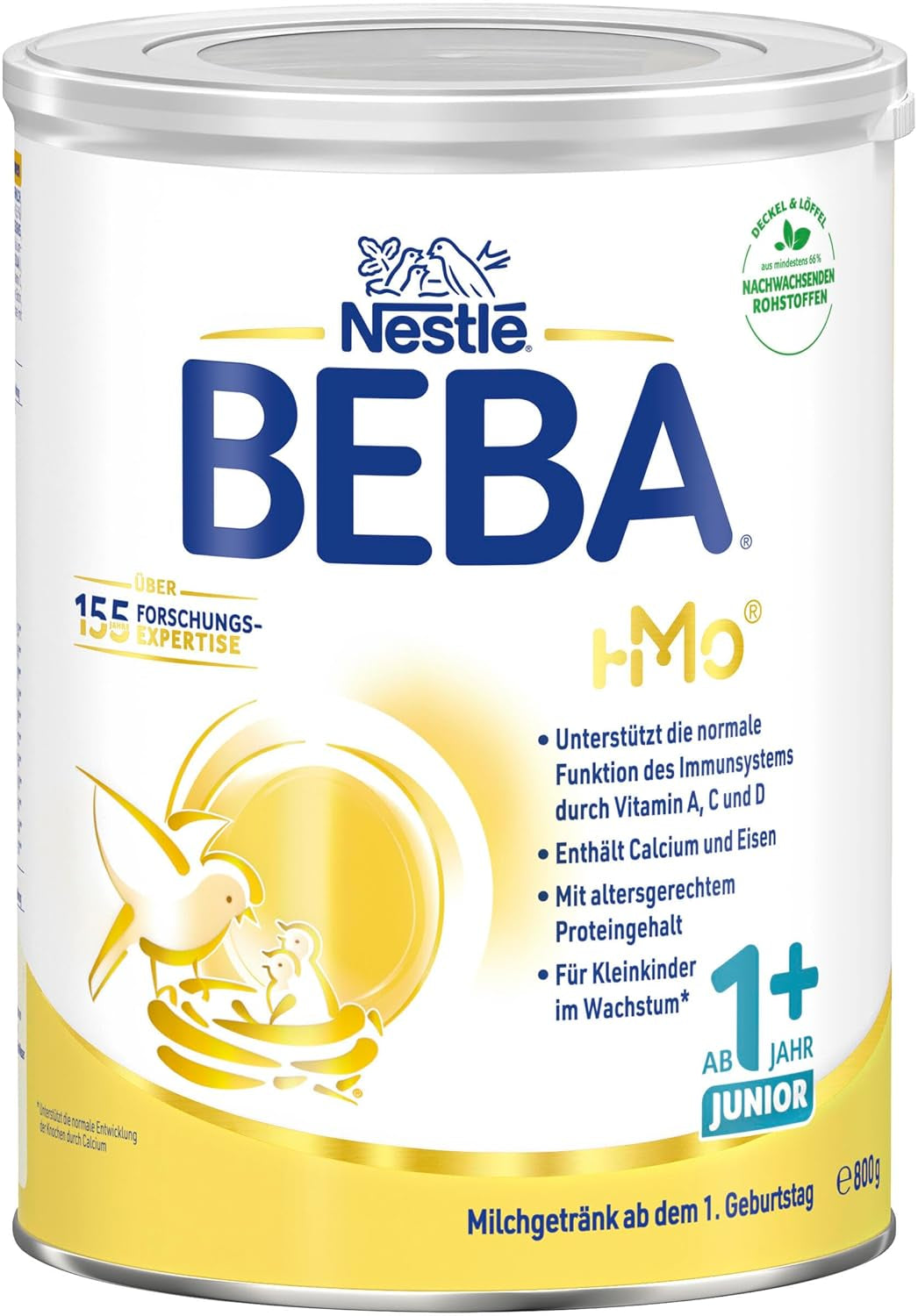 BEBA Junior 1+ mælkedrik fra 1 år, Med HMO, Alderssvarende proteinindhold, Kun laktose, Ingen palmeolie, Ingen fiskeolie, Småbørnsmad, Babymælkpulver, Pakke med 3 (3 x 800g)