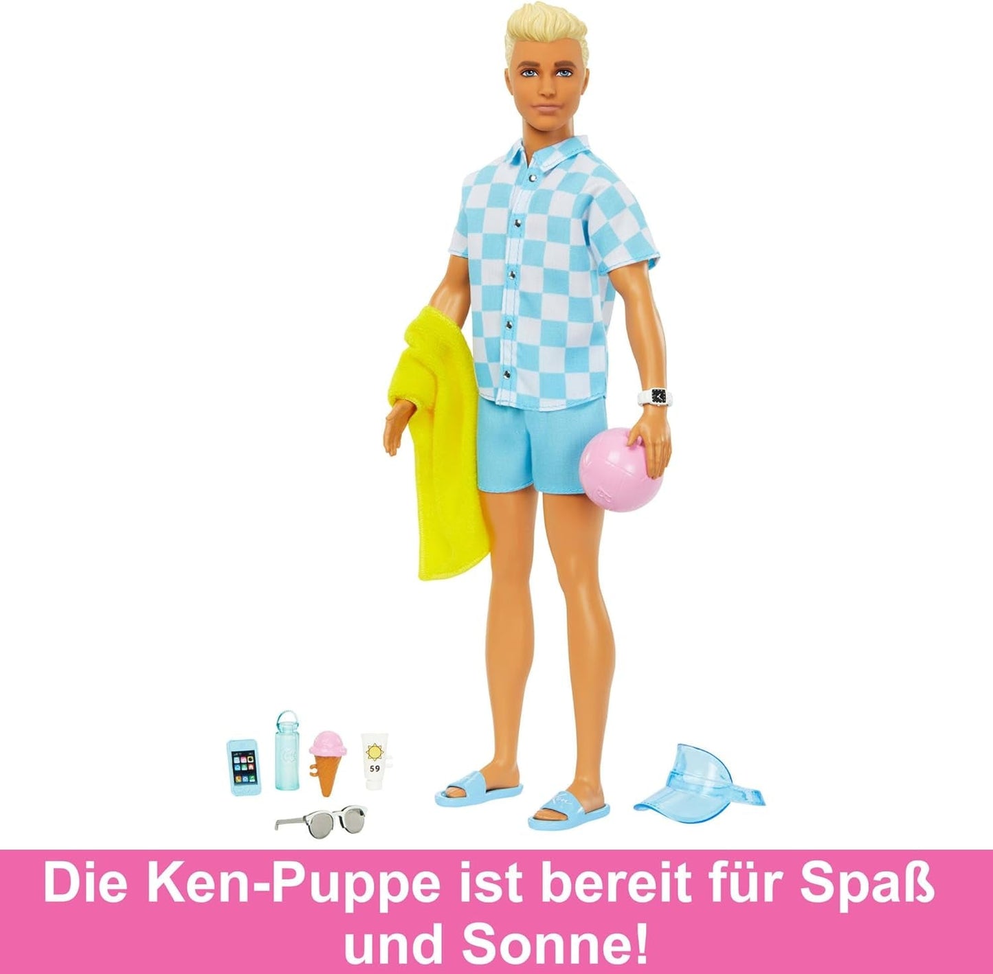 Barbie Ken - Blond dukke med blå skjorte og badeforklæde, strandtilbehør og badebold til kreativ leg, fra 3 år og opefter, HPL74