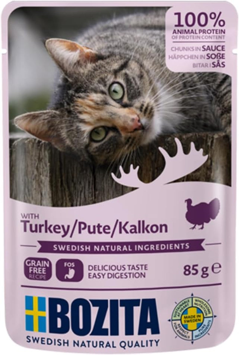 Bozita-pose vådfoder med stykker i sauce og kalkun - 12 portionsposer x 85 g korn- og hvedefri kattefoder - vådfoder til voksne katte med 8,5 % protein og 4,5 % fedt