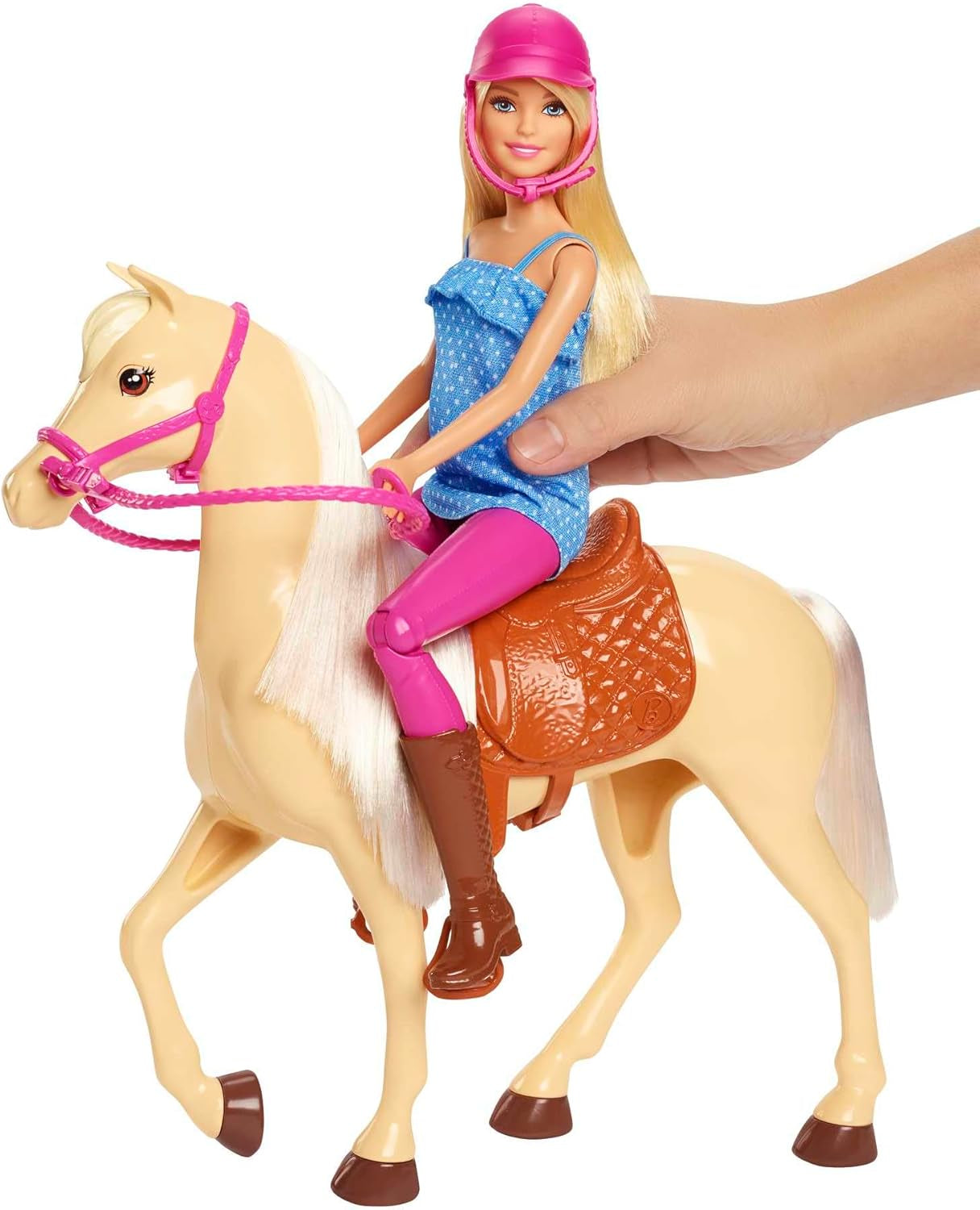 Barbie dukke og hestelegetøj, ridetilbehør, inkluderer 1 dukke og 1 hest, velegnet som gave til børn fra 3 år og derover, FXH13