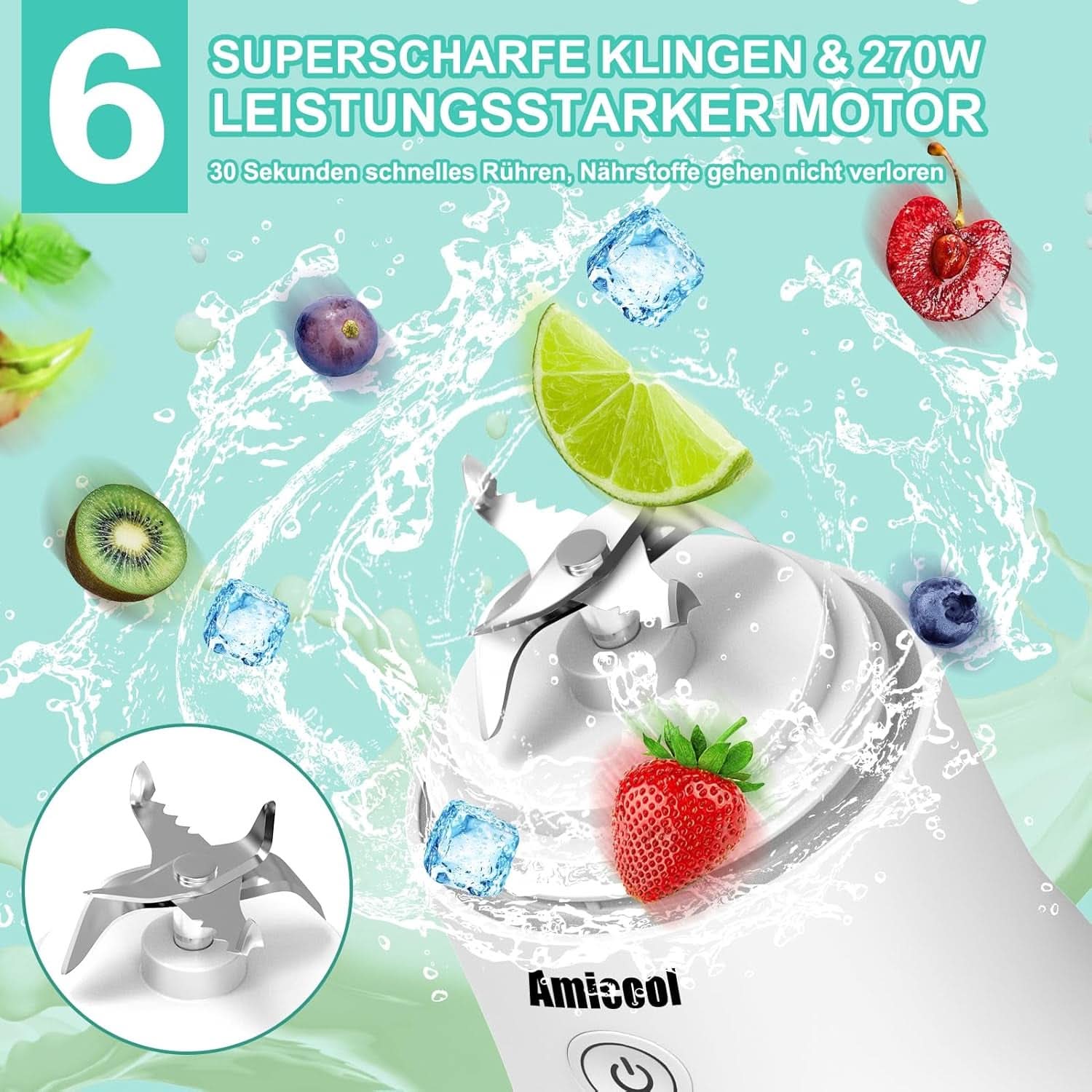 Mixer Smoothie Maker to Go, Mini Standmixer Tragbar Mit 6-Klingen Edelstahl, Enstafter Mit Reisedeckel, USB Portable Blender Elektrisch 600Ml flaske, Mixer Shaker Slushy Maker Wasserdichter Bucatarie Naty Shop
