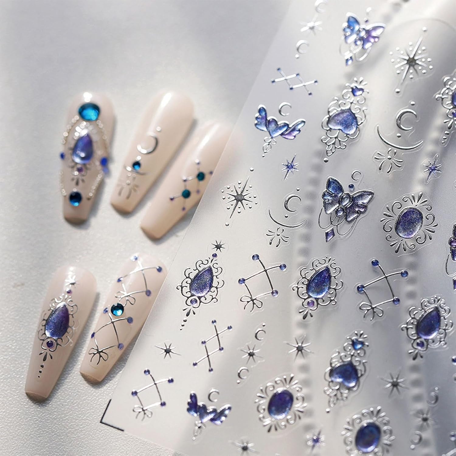 JMEOWIO 3D Nagelsticker Blauer Nail Art Sticker Selbstklebend Nagelaufkleber 5D Stereoskopisk Mondstern Dekoration Nageldesign Tilbehør 1 Blatt