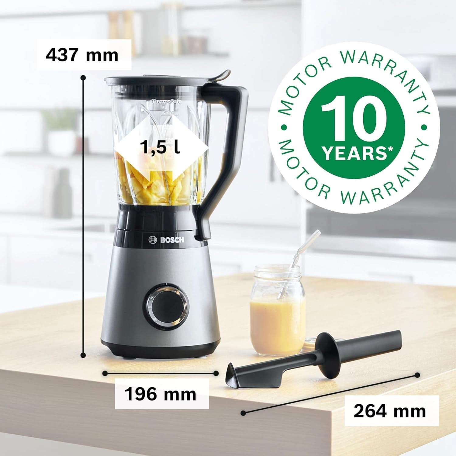 Bosch Standmixer Vitapower Serie 4 MMB6172SN, Verbesserte Version, 10 Jahre Motorgarantie, Edelstahl-Klingen, 1,5L Glasbehälter, Spülmaschinenfeste Teile, 30.000 U/Min, 1200 W, Silver Kitchen Naty Shop