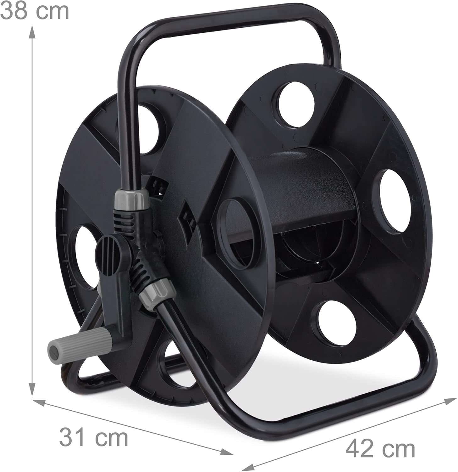 Relaxdays slangetromle, til 30 m 1/2" slange, stål, plast, slangeholder, HL: 38 x 42 x 31 cm, sort/grå
