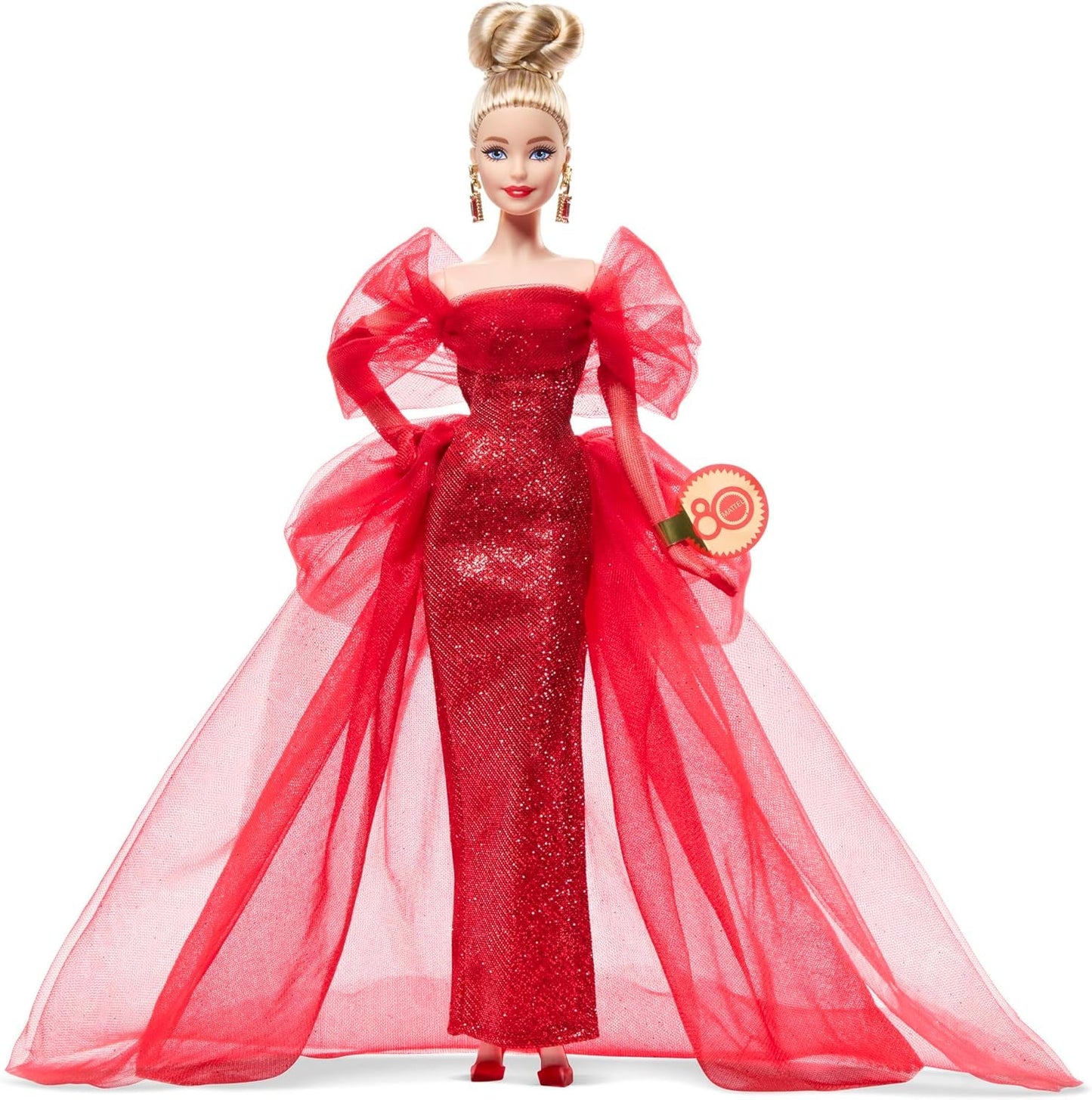 Barbie-signaturdukke 80-års jubilæum Mattel samlerfigur i funklende rød tylkjole med dråbeøreringe og delikate handsker Blondt hår JBJ17