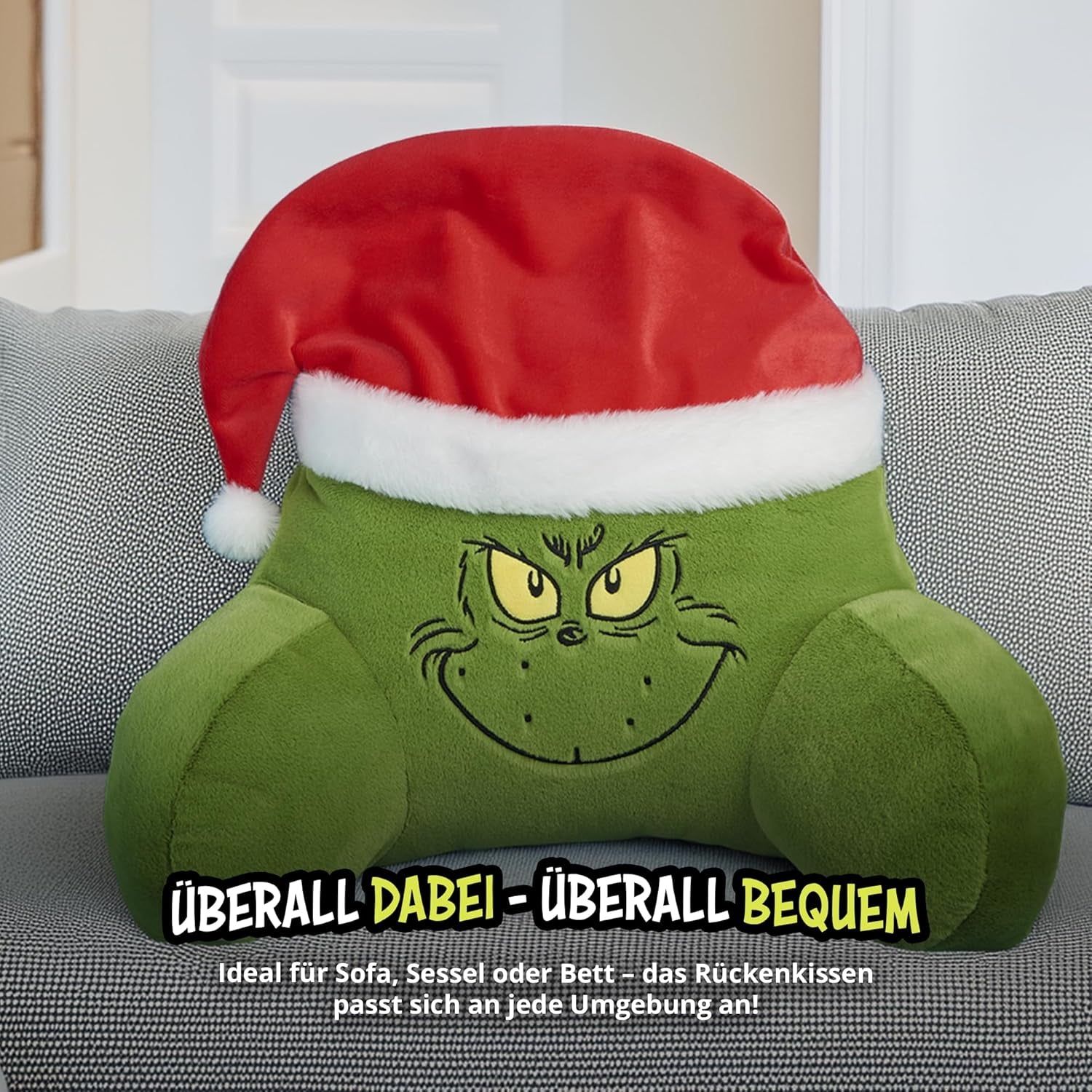 Grinchpude - Rygpude til seng og sofa, rygstøtte med armlæn, læsepude til ryg, nakke og hoved, grøn, 40 x 38 cm