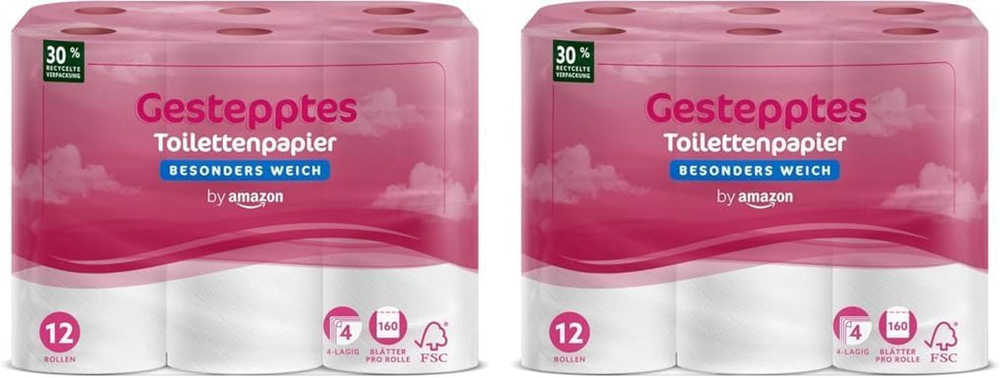 By Amazon toiletpapir, 4-lags quiltet, ekstra blødt, 48 ruller (12 ruller, pakke med 4), 160 ark pr. rulle, Fsc-certificeret