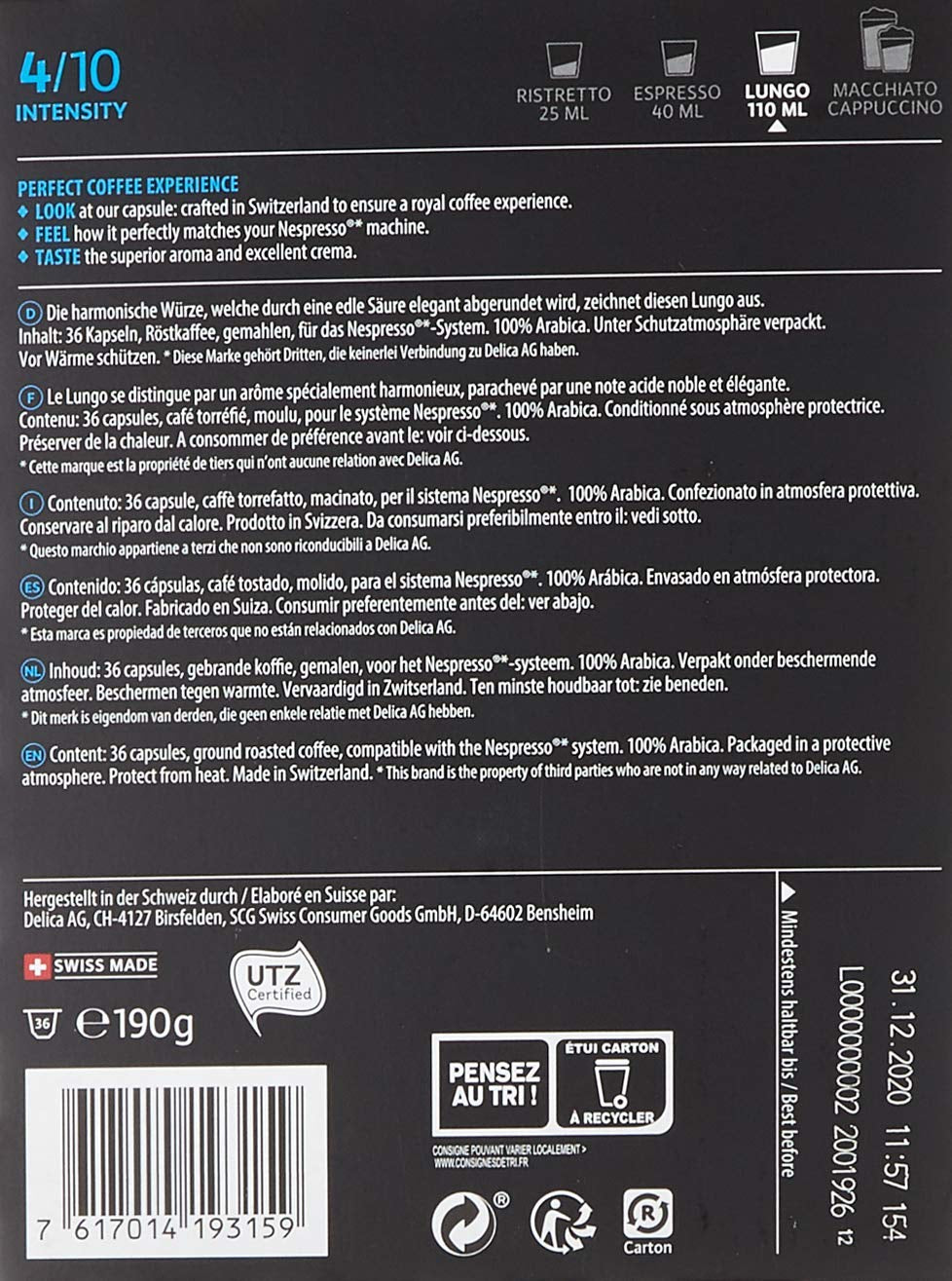 Café Royal Dark Chocolate Flavored 100 Kapseln für Nespresso Kaffee Maschine - 4/10 Intensität - UTZ-certifiziert, aus Aluminium & Lungo 36 Kapseln für Nespresso Kaffee Maschine - 4/10 Intensität