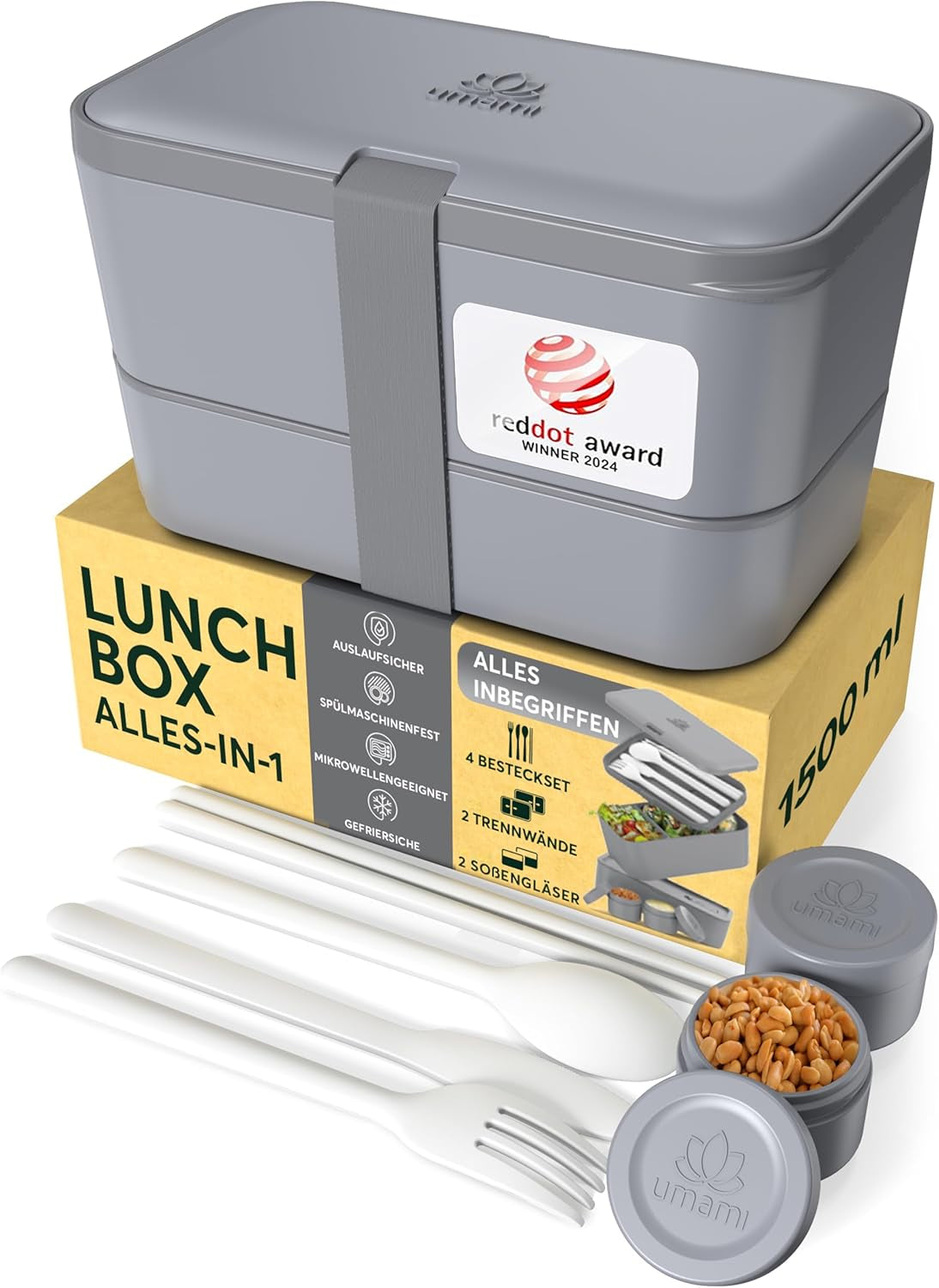 Umami madpakke til voksne, 4 bestik og rum, der kan forsegles Bento-kasse, voksenmadkasse, to-go-salatbeholder, Picnic-/kontormadkasse, koksgrå, 1500 ml Naty Shop Madopbevaringsbokse koksgrå L - 1500 ml kan stables inde i hinanden