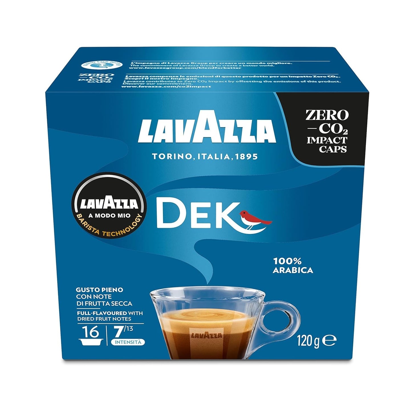 Lavazza A Modo Mio Dek Cremoso, 256 kaffekapsler, til koffeinfri espresso med aromatiske noter af mandler og canditis, 100% Arabica, intensitet 7/13, mellemristet, 16 pakker
