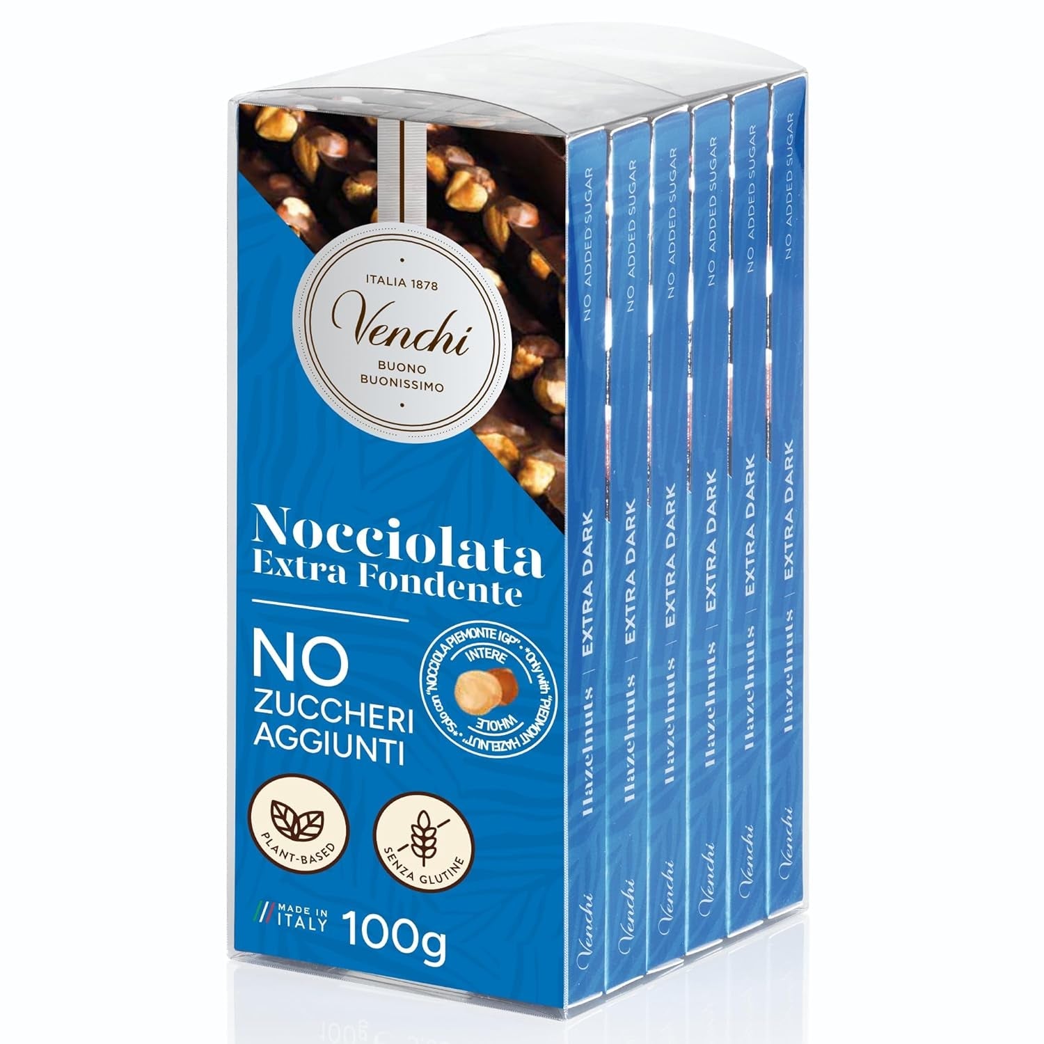 Venchi - Pakke med 6 mørke chokoladebarer med hasselnødder, 600g - Ingen tilsat sukker - Ingen kunstige sødestoffer - Glutenfri - Vegansk - Gaveidé