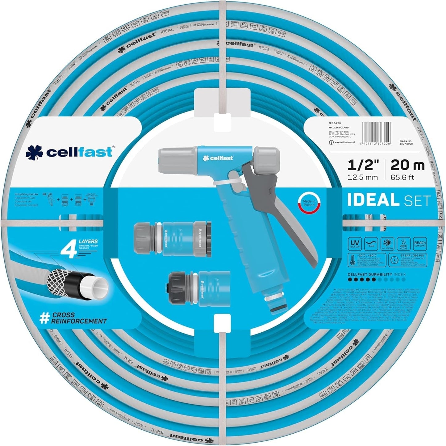 Cellfast Ideal haveslangesæt, robust, fleksibel, 4-lags, sprinkler, UV- og algebestandig, Reach-teknologi, 27 bar, -20/+60° kortvarig, 1/2 tomme, 20 m