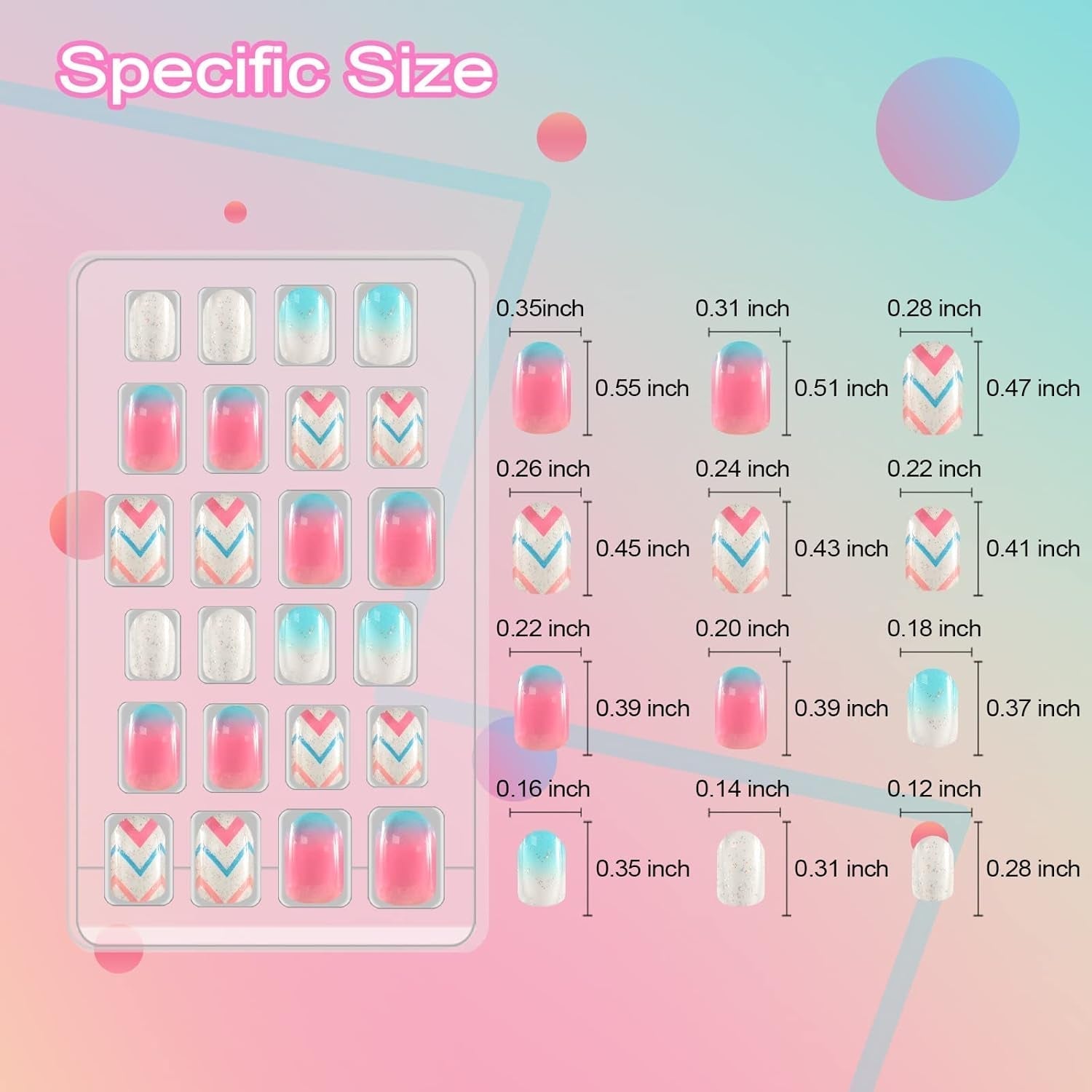 72 stk. Forlimede børne negle fuld dæksel Glitter farve gradient bue Korte kunstige negle Fantastisk gave til børn piger neglekunst - regnbue glitter