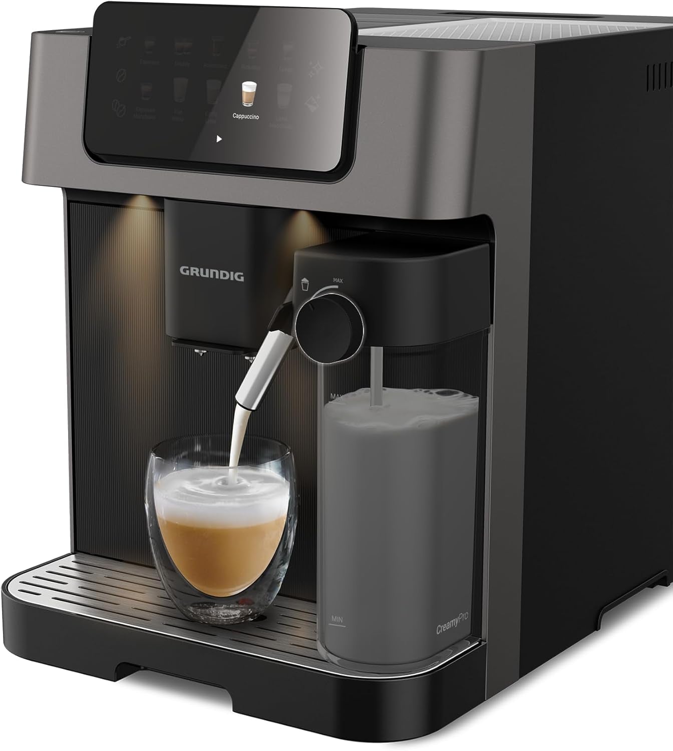 GRUNDIG KVA 6230 fuldautomatisk espressomaskine med mælkeskummer, rustfri stålkværn med 13 slibeindstillinger, bønnebeholder 250 g, aftagelig vandtank 2 liter, pumpetryk 19 bar, touchdisplay, sort