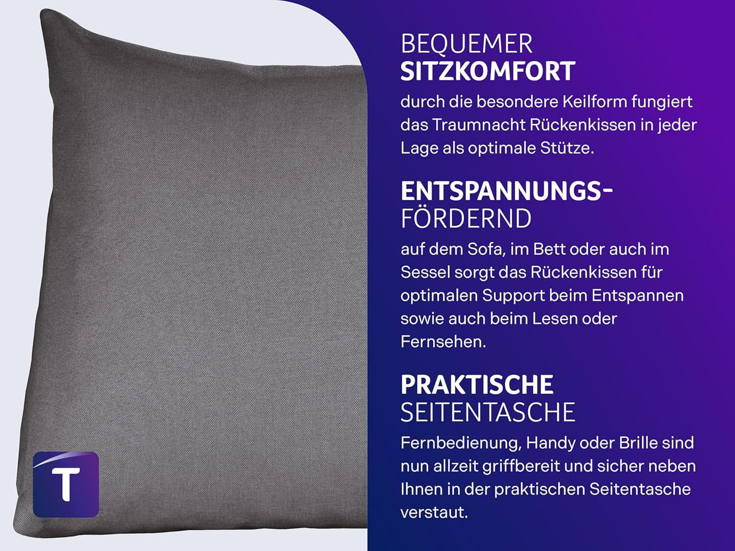 Læsepude Traumnacht Cosy Rygpude, 70 x 40 cm mørkegrå, aftageligt og vaskbart betræk af 100% polyester, praktisk sidelomme, Øko-Tex certificeret, produceret efter tyske kvalitetsstandarder