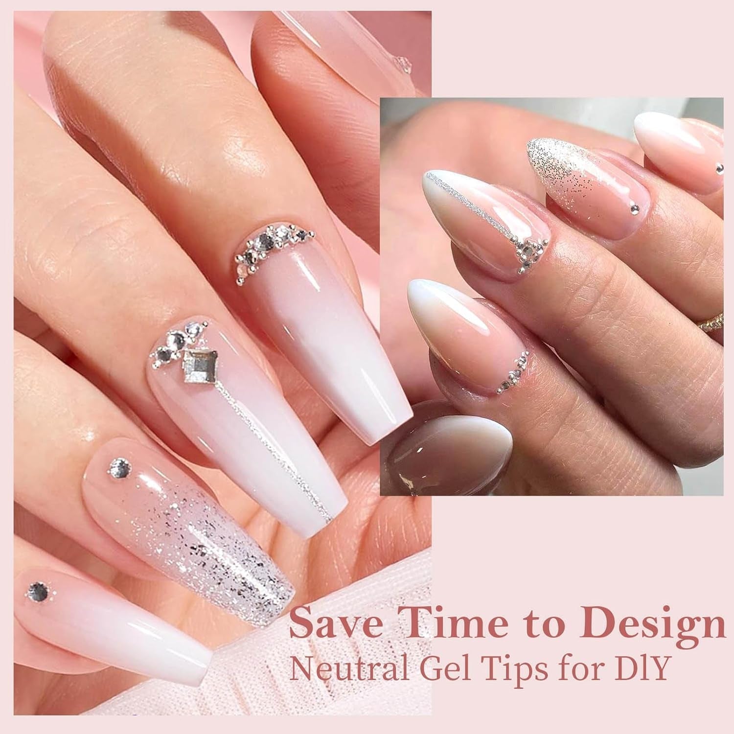 Sæt med falske negle - 240 stykker franske falske negle lim på - Pink White Gradient Design Kunstige negle Fuldt dækkende blød gel Naturlig og behagelig at have på (Pink Mandel)