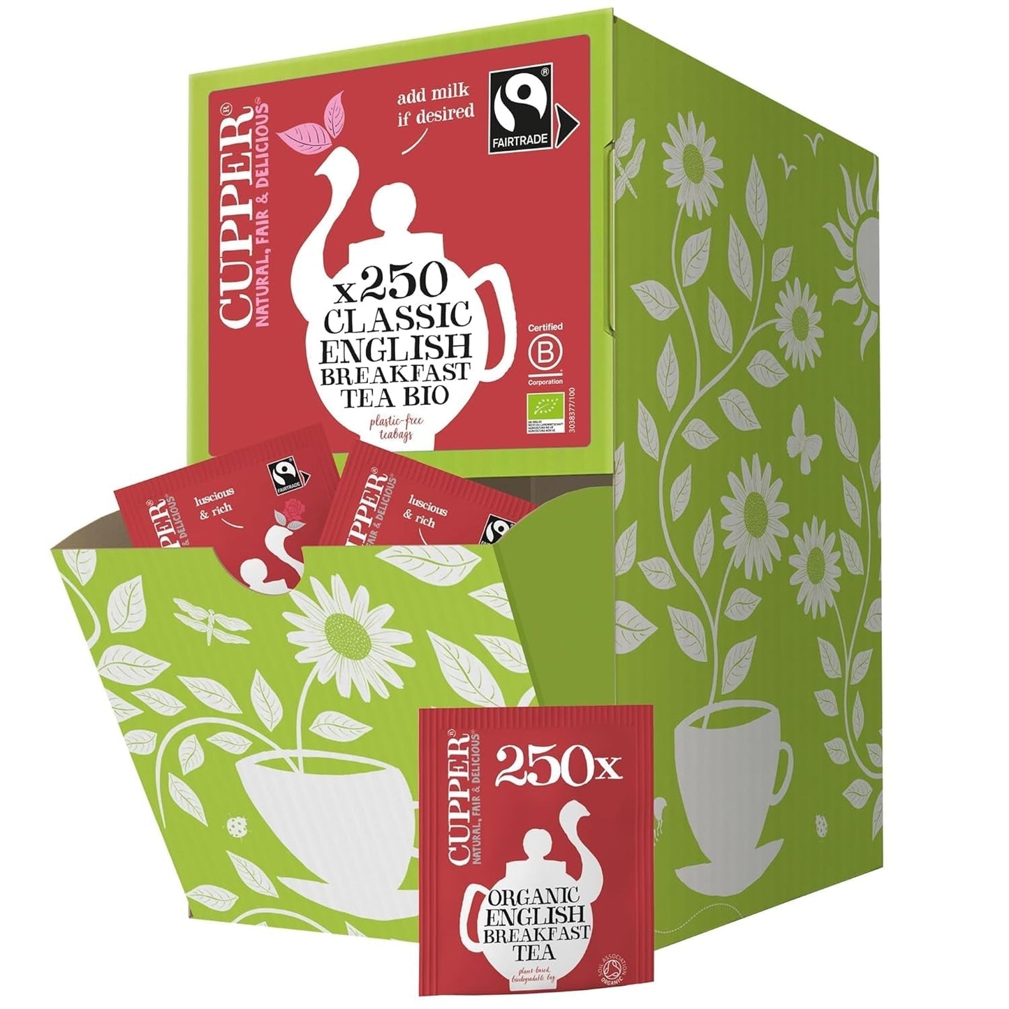 Cupper Økologisk frugt te Tranebær Hindbær | Hindbær te | 250 ublegede teposer | Big Pack | Perfekt til kontoret | Økologisk | Fair handel