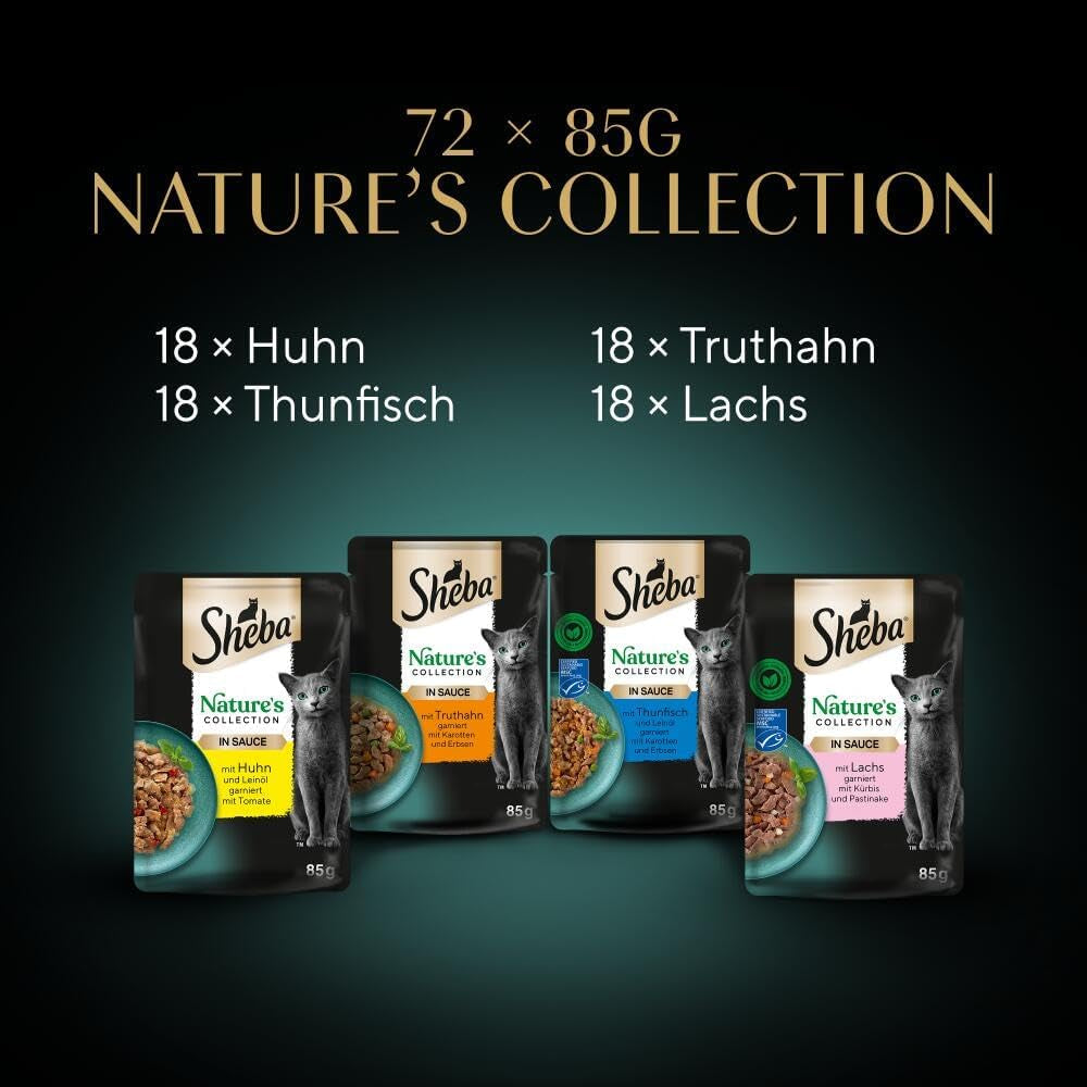SHEBA Nature's Collection i sovs - højkvalitets våd kattefoder, fine varianter (MSC) i portionsposer - 72 x 85 g