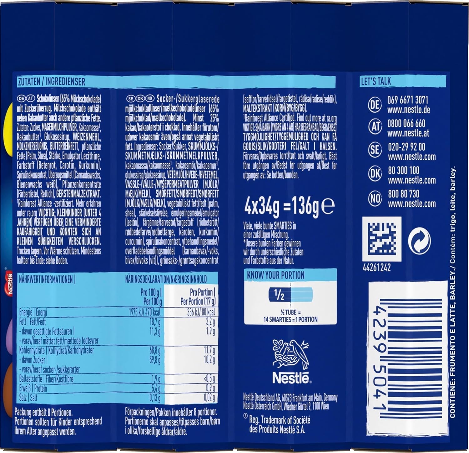 Nestlé SMARTIES Multipack, lille rulle, chokoladefarvede linser, ideel til børnefødselsdage, naturlige farver, sekskantet rulle, pakke med 12 (12x (4 x 34g))