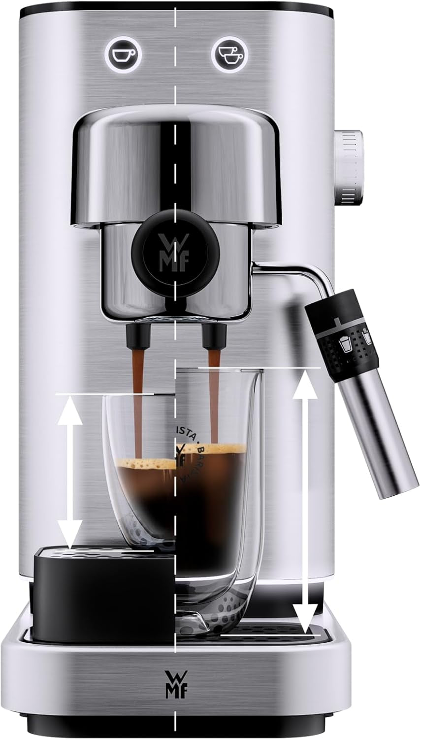 WMF Lumero espressomaskine, portafilter, 1400 watt, portafilter, 3 indsatser, til 1-2 espressokopper, inklusive til kapsler, 15 bar, kopholder, mælkeskummer, mat rustfrit stål