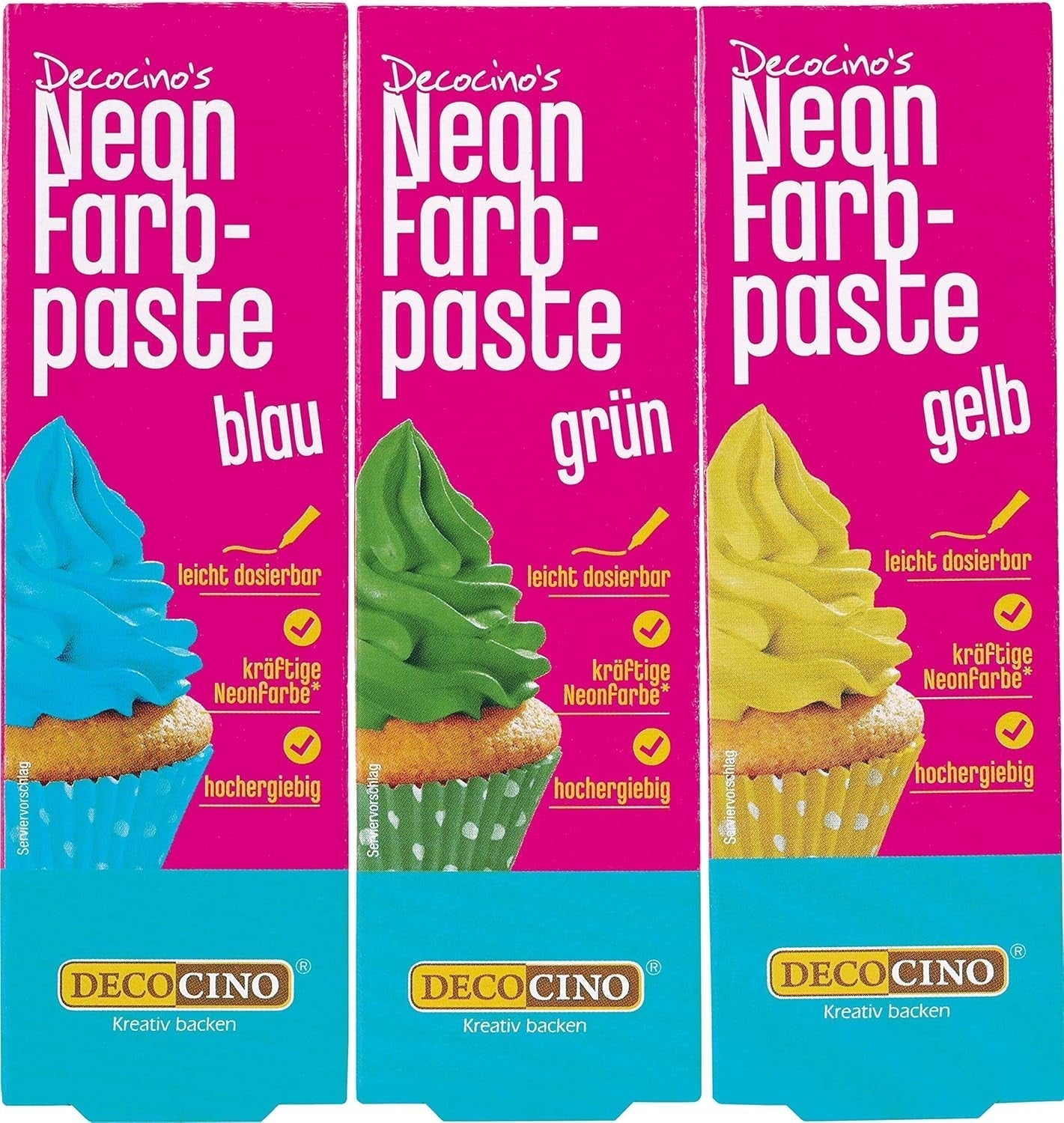 Decocino Neon madfarvesæt - 3 stykker - rød, lyserød, lilla - højdosis madfarve - til farvning af kager, muffins, cupcakes - smagsfri