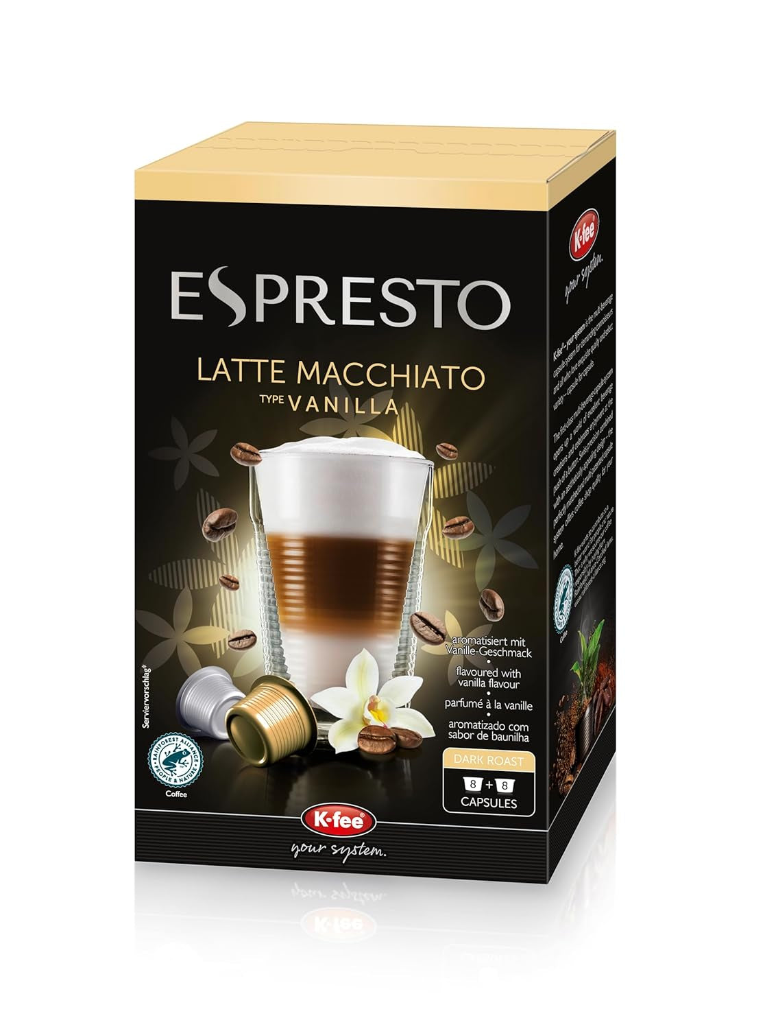 ESPRESTO Latte Macchiato Type Vanille, kompatibel med K-fee & ALDI EXPRESSI*, RFA-certificeret, sød og harmonisk, 48 ​​kaffekapsler & 48 mælkekapsler