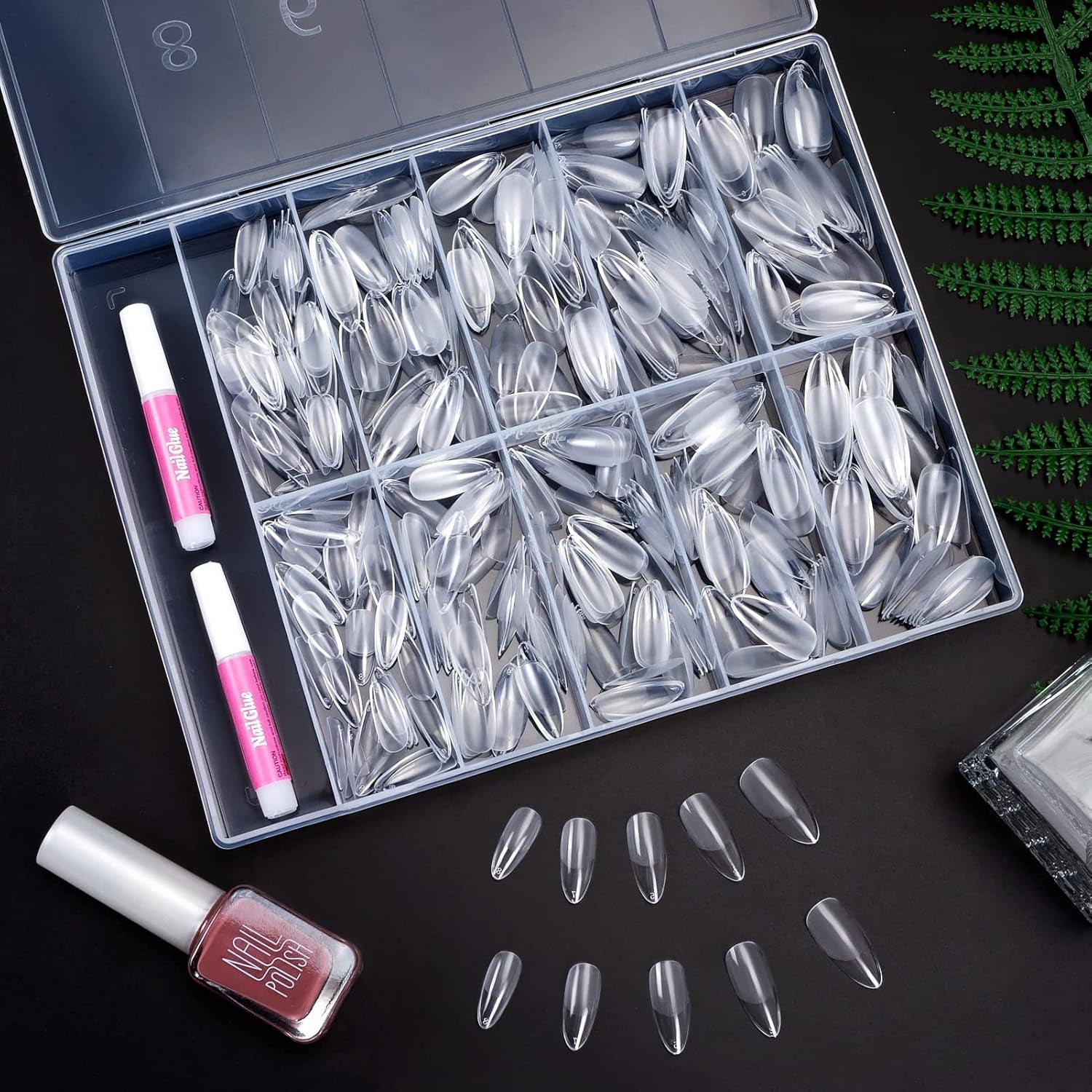 Becellen 500 stk. kunstige neglespidser, bløde gel-neglespidser, fuld dækning, gelneglespidser, forpolerede kunstige negle, DIY neglekunstlimsæt (mandler)