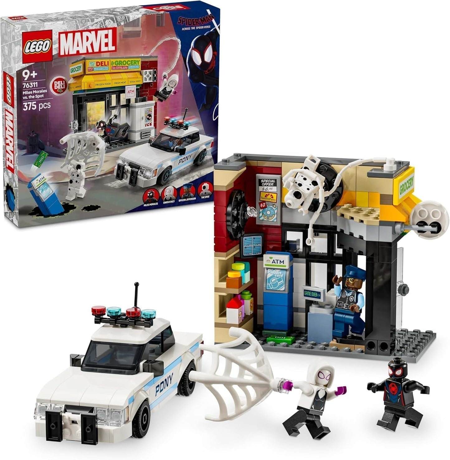 LEGO Marvel Spider-Verse: Miles Morales vs. Spot - Superhelte-legesæt med legetøjsbil - 4 minifigurer og minimarked - Gave til drenge og piger i alderen 9+ 76311 Byggesæt Besuche den LEGO-Store Standardtitel