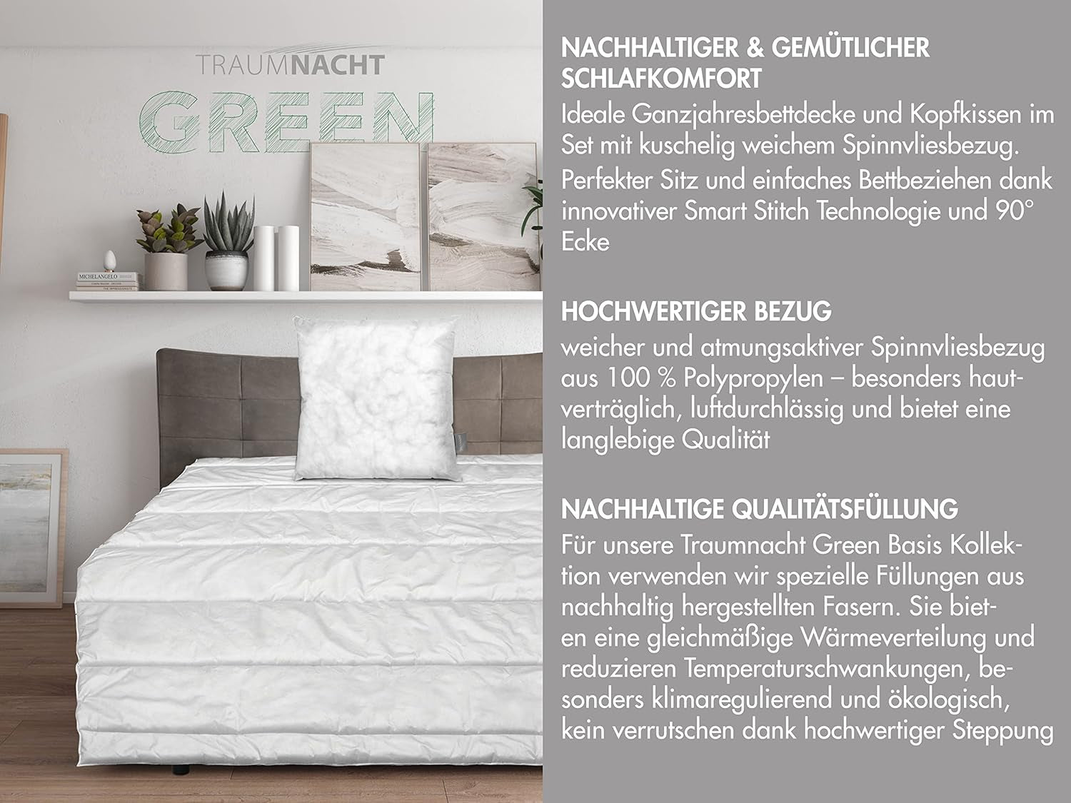 Traumnacht Green basissengesæt bestående af dyne til hele året, 135 X 200 cm + pude 80 X 80 cm, Øko-Tex certificeret, produceret efter den tyske kvalitetsstandard Dyner og dyner Naty Shop