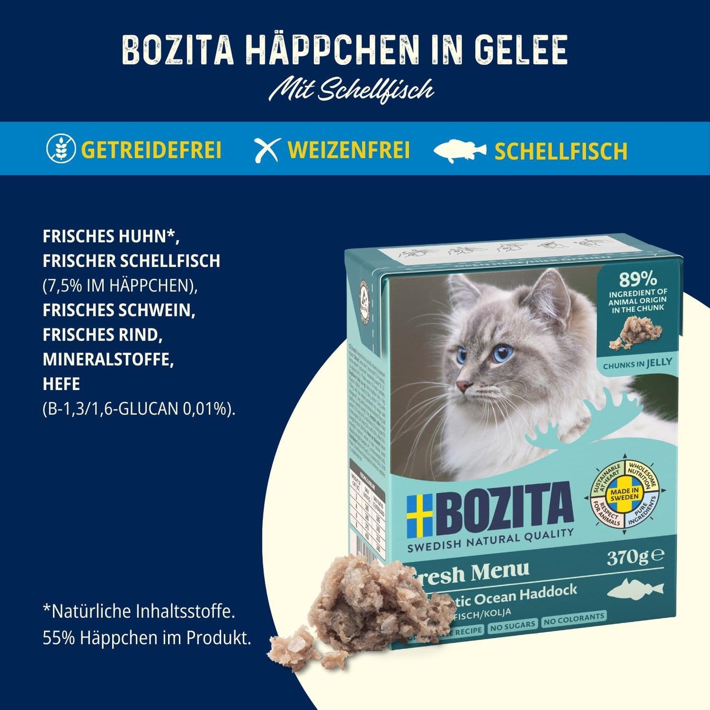 Bozita Tetra vådfoder med kuller i gelé - 6 x 370 g kornfri, uden tilsat sukker og ikke-GMO kattefoder - afbalanceret, lækker, med 7,5% protein og 5% fedt