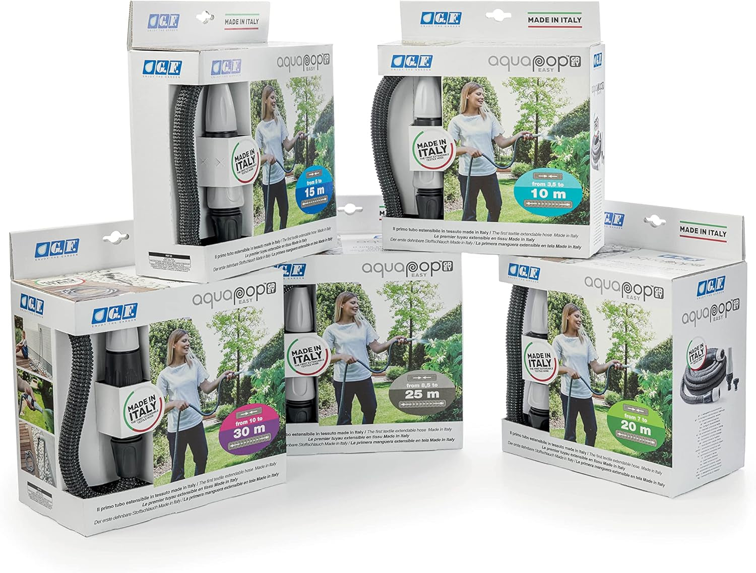 GF SRL, Aquapop Grey Easy 10, 10 meter selvforlængende flettet slange, fremstillet i Italien, med mini havesprøjte og stik til havevanding, mørkegrå