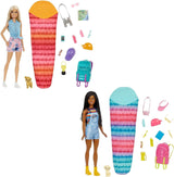 Barbie HDF74 Twin Pack Dukke! Brooklyn Camping Doll (brunette med flettede pigtails, ca. 29 cm) med hvalp, rygsæk, sovepose, 10 campingtilbehør, gave til børn fra 3 år og opefter