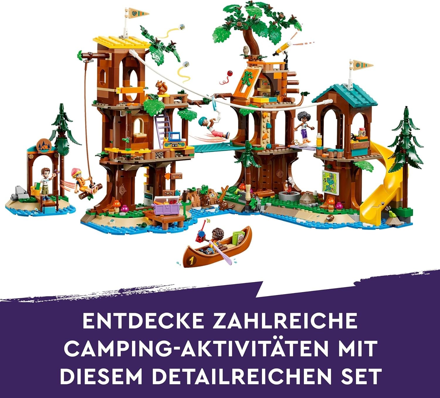 LEGO Friends træhus på eventyrlejr, legesæt til piger og drenge 8 år med 5 figurer og 5 dyr, gaveidé til kreative spil, sportslegetøj, dukkehus 42631 byggesæt Besuche den LEGO-Store