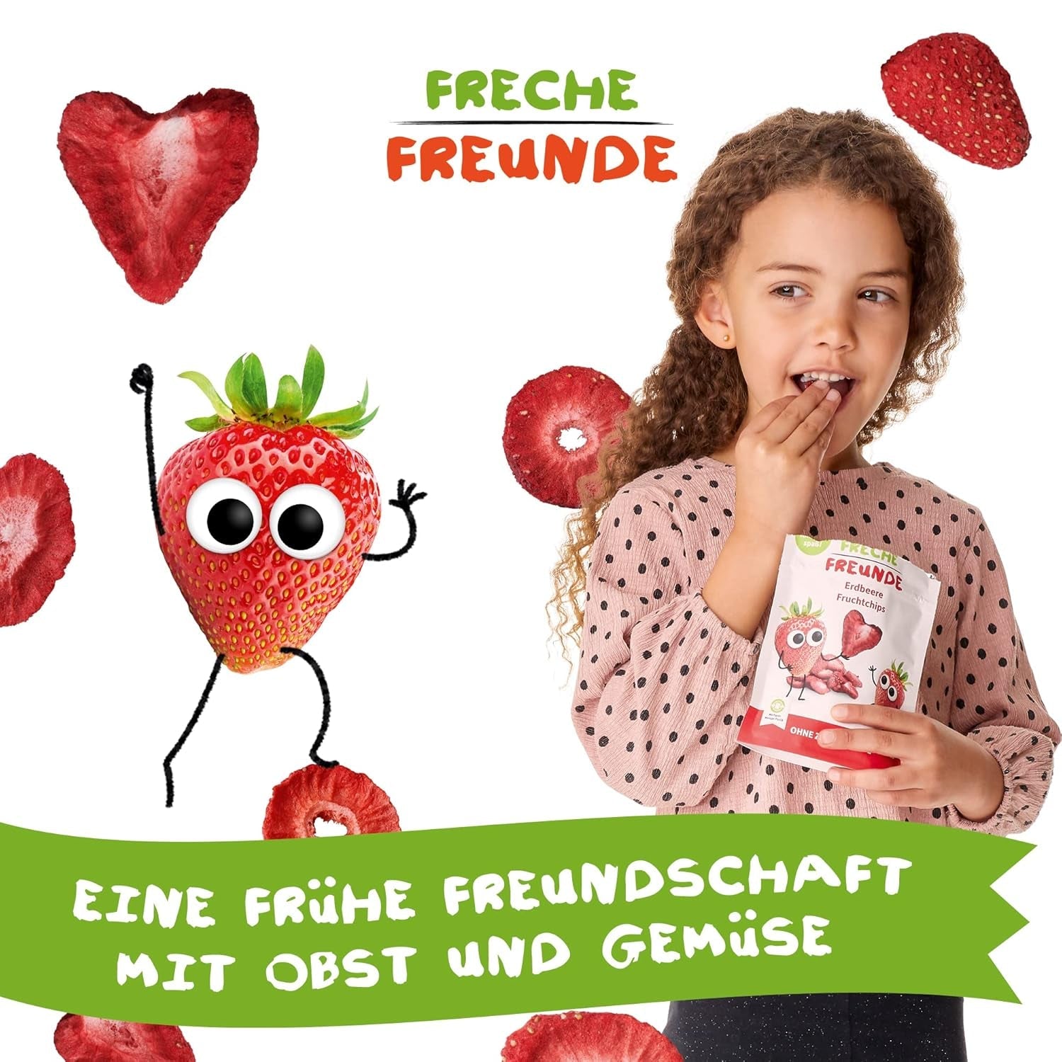 FRECHE FREUNDE Økologiske jordbærfrugtchips, frysetørrede frugtchips, naturligt skåret tørret frugt uden tilsat sukker, vegansk, laktosefri, glutenfri, pakke med 12 (12 x 12g)