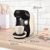 Bosch Tassimo Happy Friendly TAS107E Kapsel Espressomaskine, 70+ drikkevarer, velegnet til alle kopper, Auto-Stop, Bæredygtig, Perfekt Dosering, Pladsbesparende, 1400W, Creme/sort
