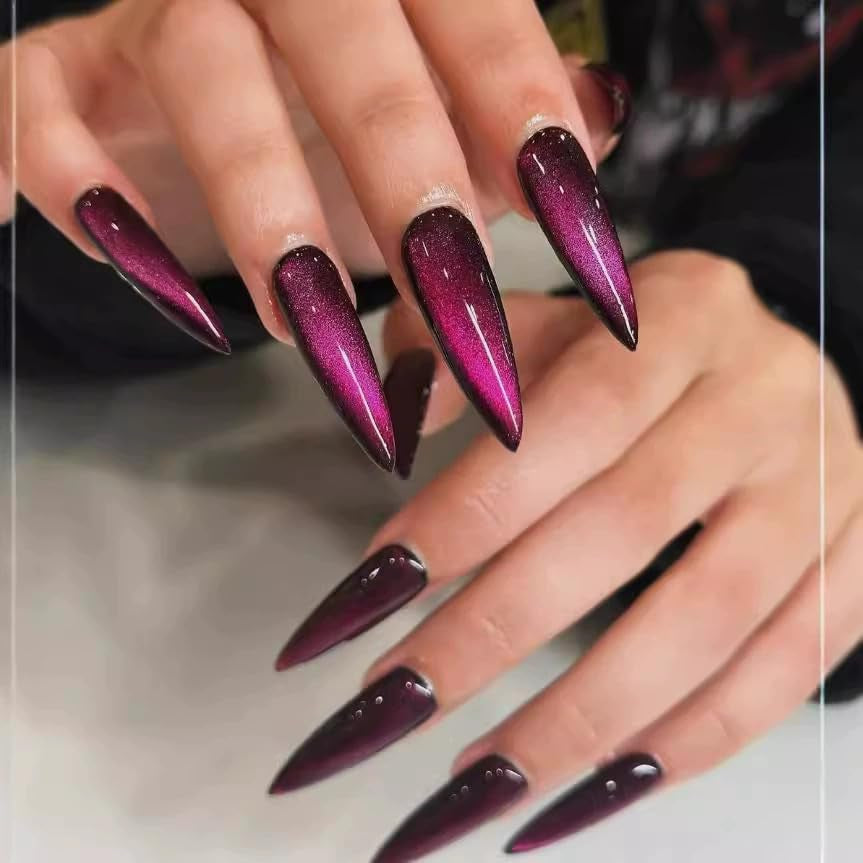 Moonglow Lange Negle Stiletto Mælkehvid Pink Gradient Glitter Cool falske negle med lim Pink Ombre Glitter Kunstige negle