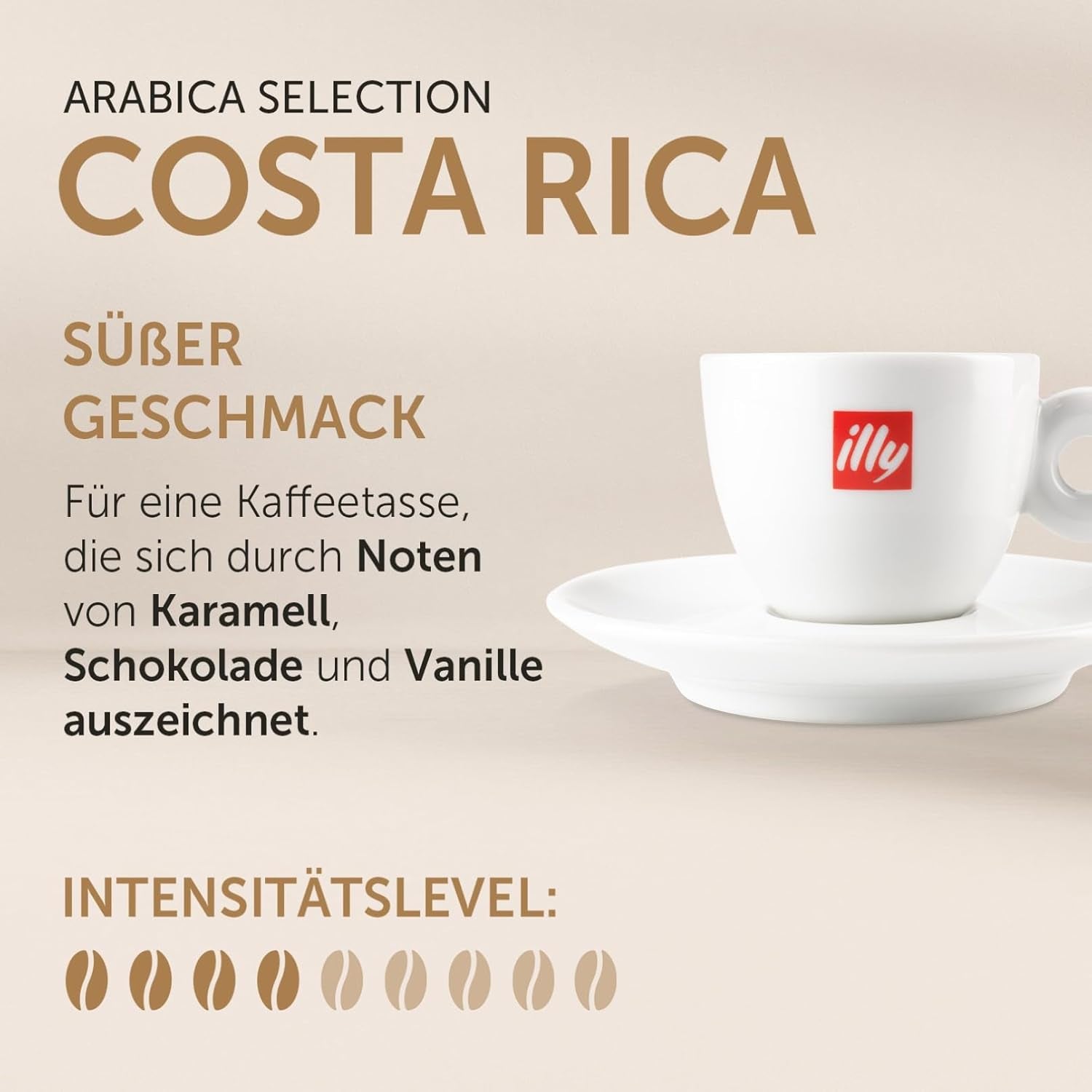 illy, Kaffeebohnen Arabica Selection Costa Rica, 100% Arabica med karamel-, Schokoladen- og Vanillenoten, süßer Gesmack, 1 dosis med 250g