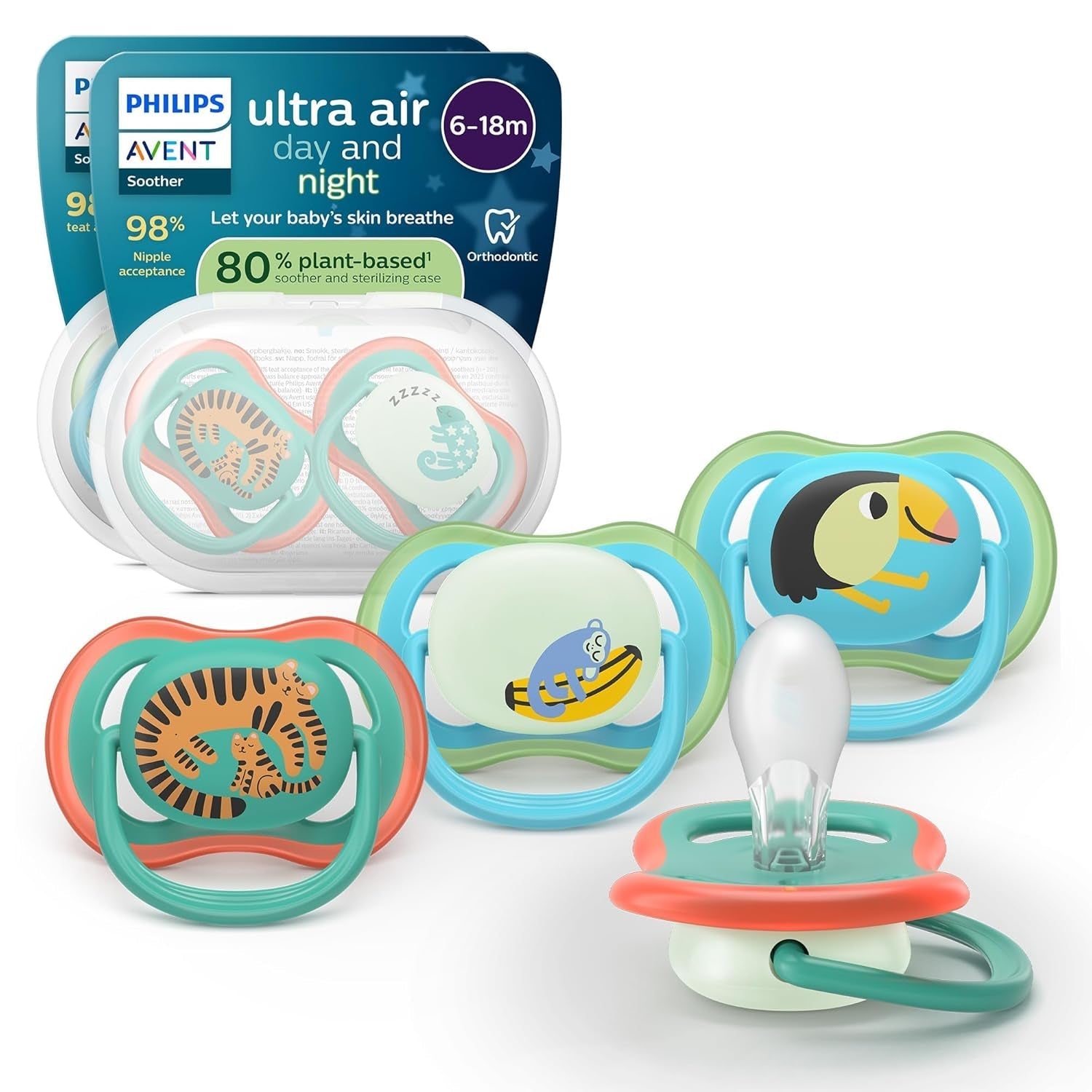 Philips AVENT ultraluftsutter - pakke med 4 BPA-fri, åndbare sutter til babyer 6-18 måneder, inklusive bæretaske og sterilisering, skildpadde/hvalmønster (model SCF085/66)