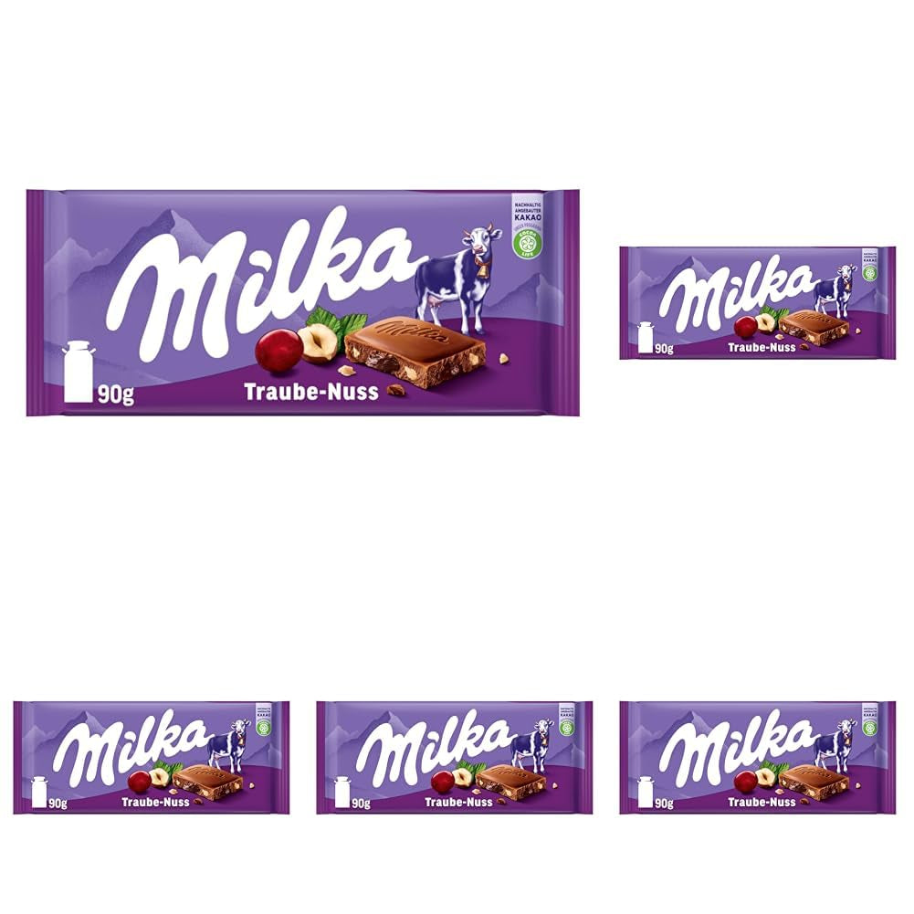 Milka druer og hasselnødder – Alpine mælkechokolade med stykker af hasselnødder og rosiner – 90 g