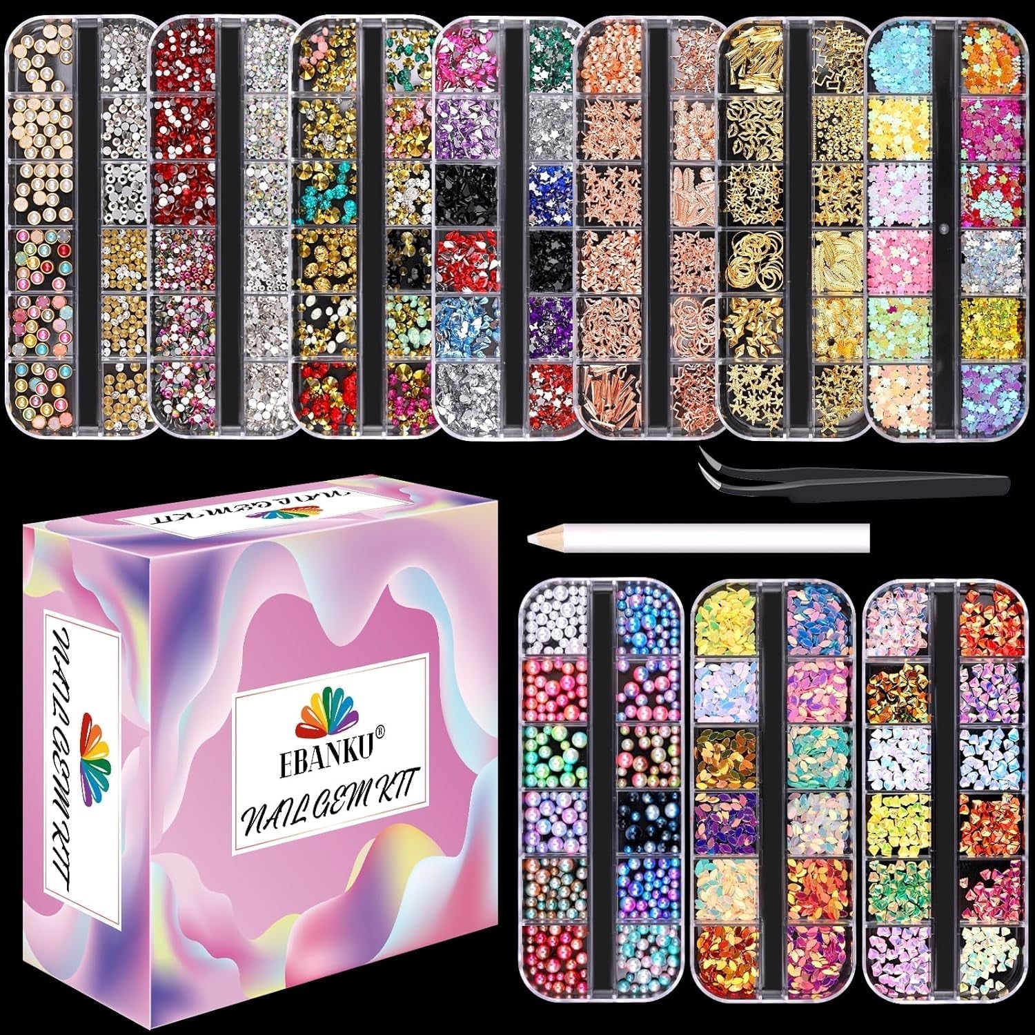 EBANKU Nail Art Strass Kit Multi Design Zubehör Mit 1 Pinzetten 1 Stück Wachsstifte Deko Diamanten Kristalle Perlen Edelsteine ​​Bunt Pferdeaugen Strass Metal Nieten Für Nagel DIY (1 Stück (10Er Pack))