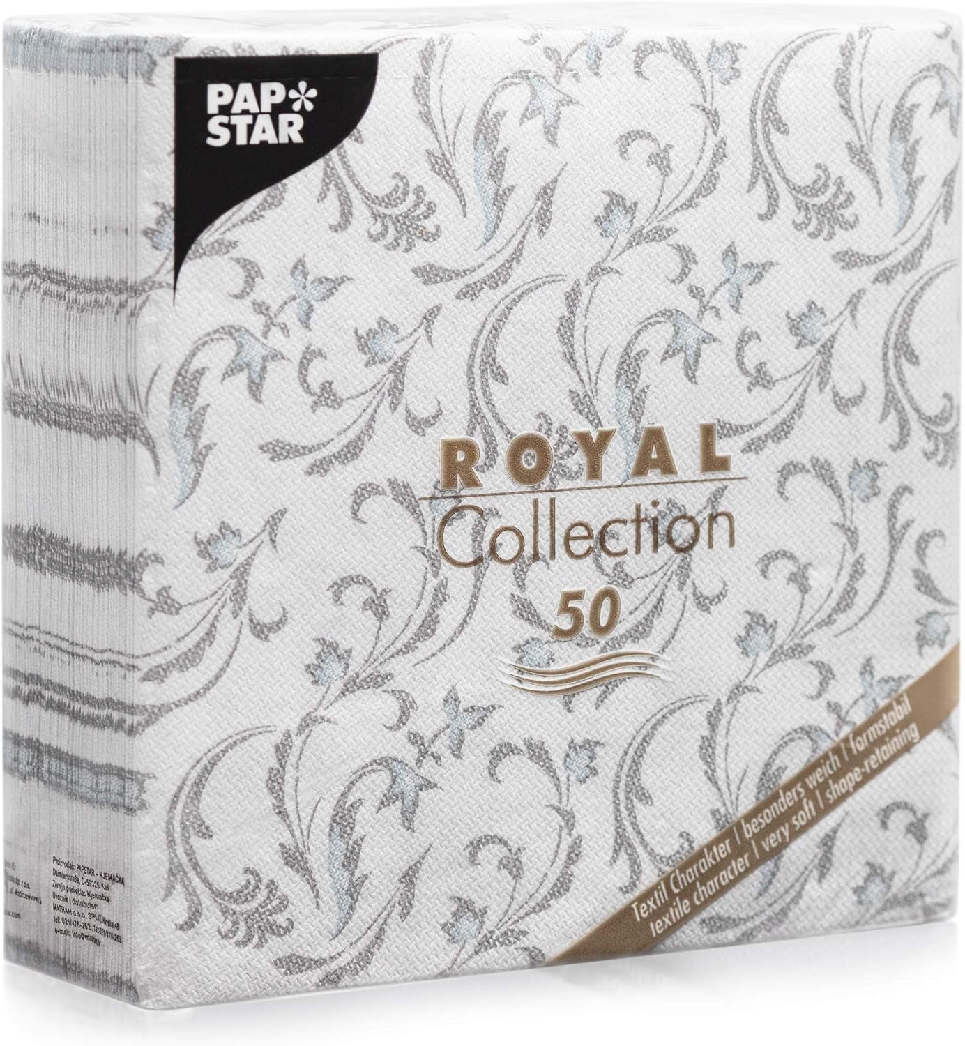 Papstar, 50 servietter "ROYAL Collection" 1/4-fold 40 Cm X 40 Cm grå "Damascato", #85005