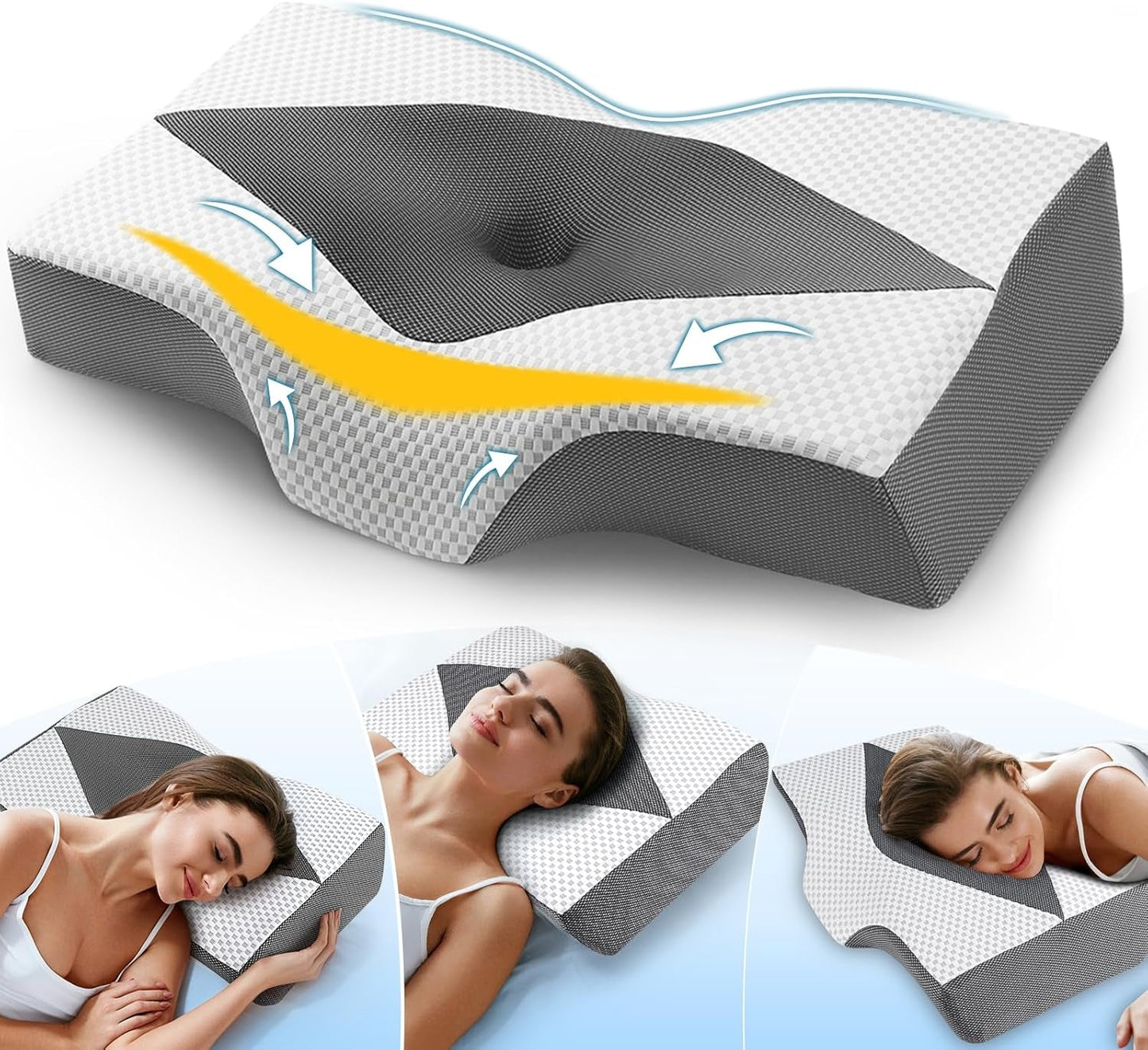 Memory Foam Nakkepude Ergonomisk ortopædisk pude til nakke- og skuldersmerter - Kølende sovepude til side-, ryg- og mavesove med nakkestøtte Cervikale ortopædiske puder Naty Shop 03-Grå(63.5Cm*40.6Cm*10.7/13.2Cm) 03.2Cm. (63,5 cm*40,6 cm*10,7/13,2 cm)