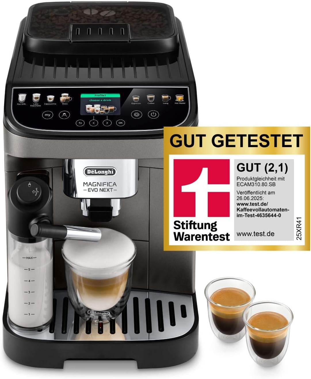 De'Longhi Magnifica Evo Next - Perfetto fuldautomatisk espressor med LatteCrema mælkeskummer, 13 One-Touch-drikke, kaffe- og cappuccinomaskine, farveberøringsskærm, Titanium (ECAM312.80.TB)